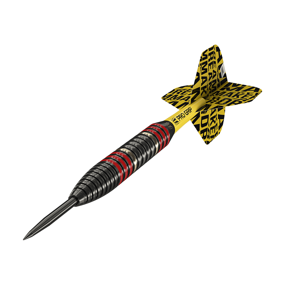 170007_Target_Dimitri_Van_Den_Bergh_Brass_Steeldarts_4vXtbQEeB95DX5 Das Bild zeigt einen Target Dimitri Van Den Bergh Brass Steeldart mit einem Gewicht von 22g. Der Dart hat eine schwarz-rote Griffstruktur und gelbe Flights mit schwarzem Aufdruck.