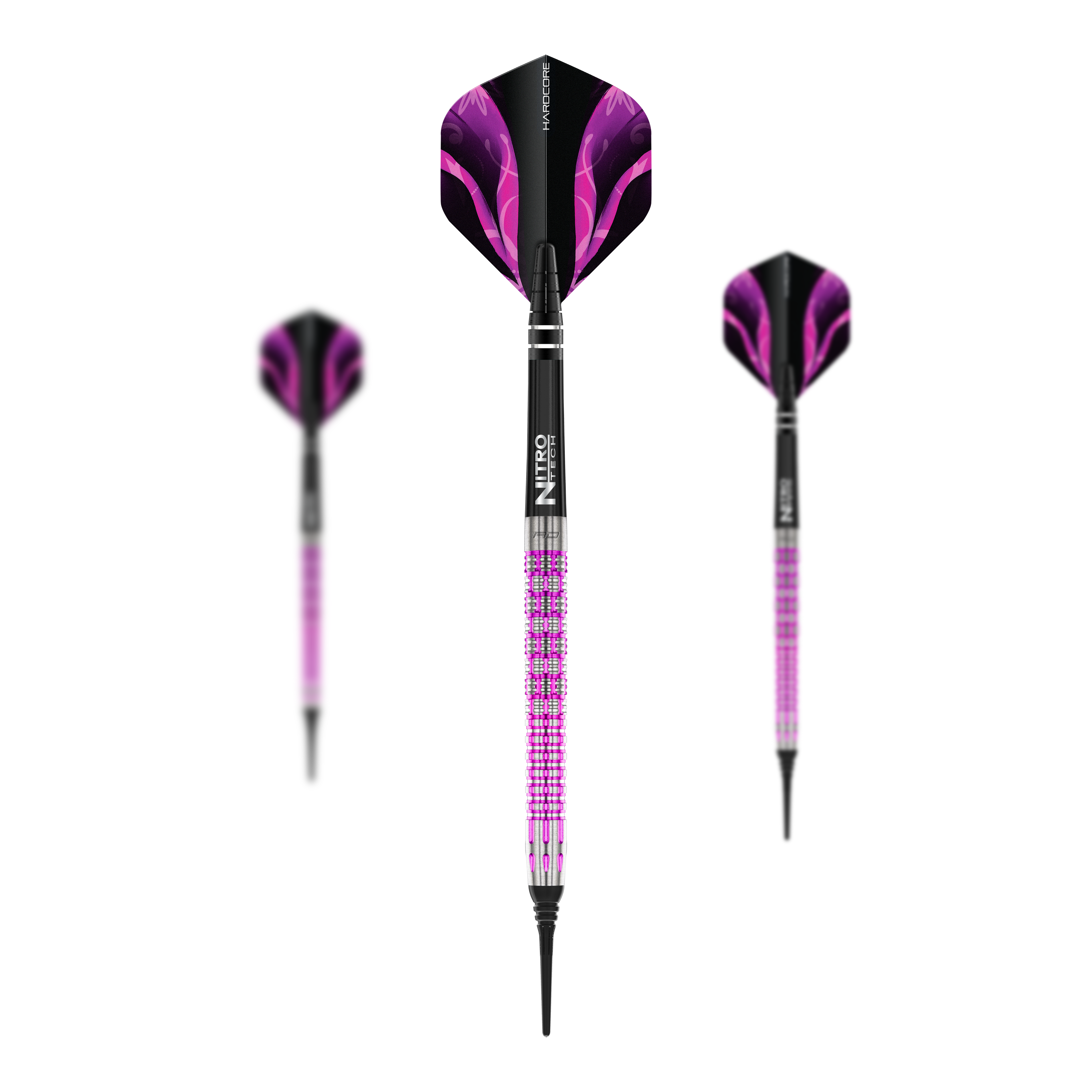 Red Dragon Tyrian Soft Darts - 22g Das Bild zeigt drei Red Dragon Tyrian Softdarts mit einem Gewicht von 22g. Die Darts sind hauptsächlich lila und schwarz gestaltet und haben auffällige Muster auf den Flights.