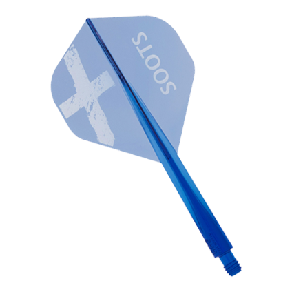 Condor AXE Soots Flight-System - Standard Das Bild zeigt das Produkt "Condor AXE Soots Flight-System - Standard". Es handelt sich um einen blauen Dart-Flight mit der Aufschrift "SOOTS" und einem weißen X.