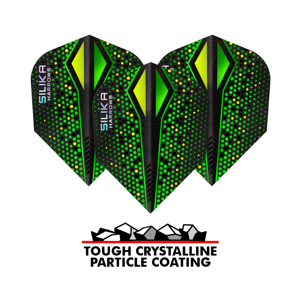 Das Bild zeigt drei grüne Harrows Silika Colourshift Tough Crystalline Coating No6 Flights für Darts. Unten befindet sich ein Logo mit der Aufschrift „Tough Crystalline Particle Coating“.