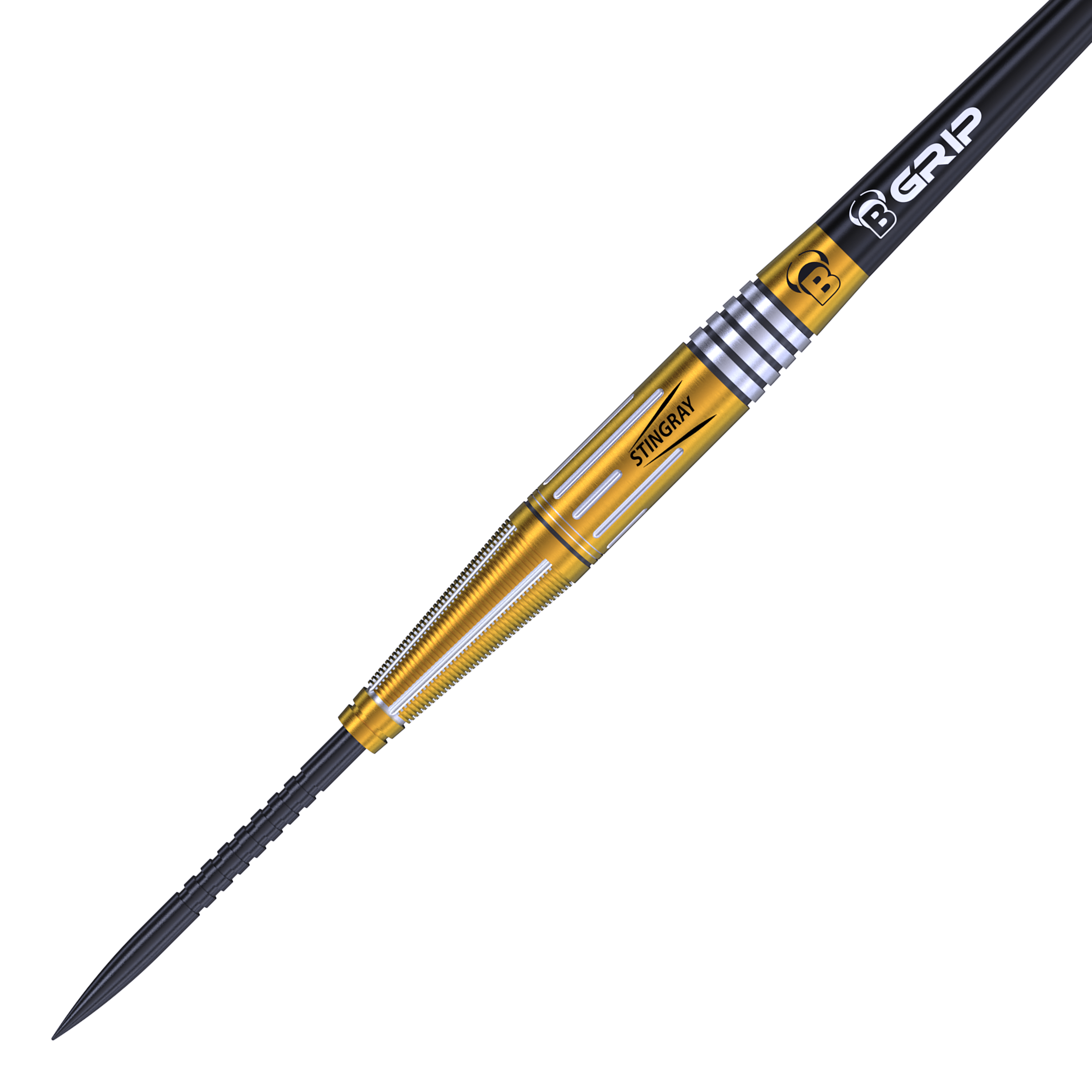 Bulls Stingray ST4 Steeldarts Das Bild zeigt einen Bulls Stingray ST4 Steeldart. Der Dartpfeil hat einen goldfarbenen Schaft mit silbernen Akzenten und einer schwarzen Spitze.