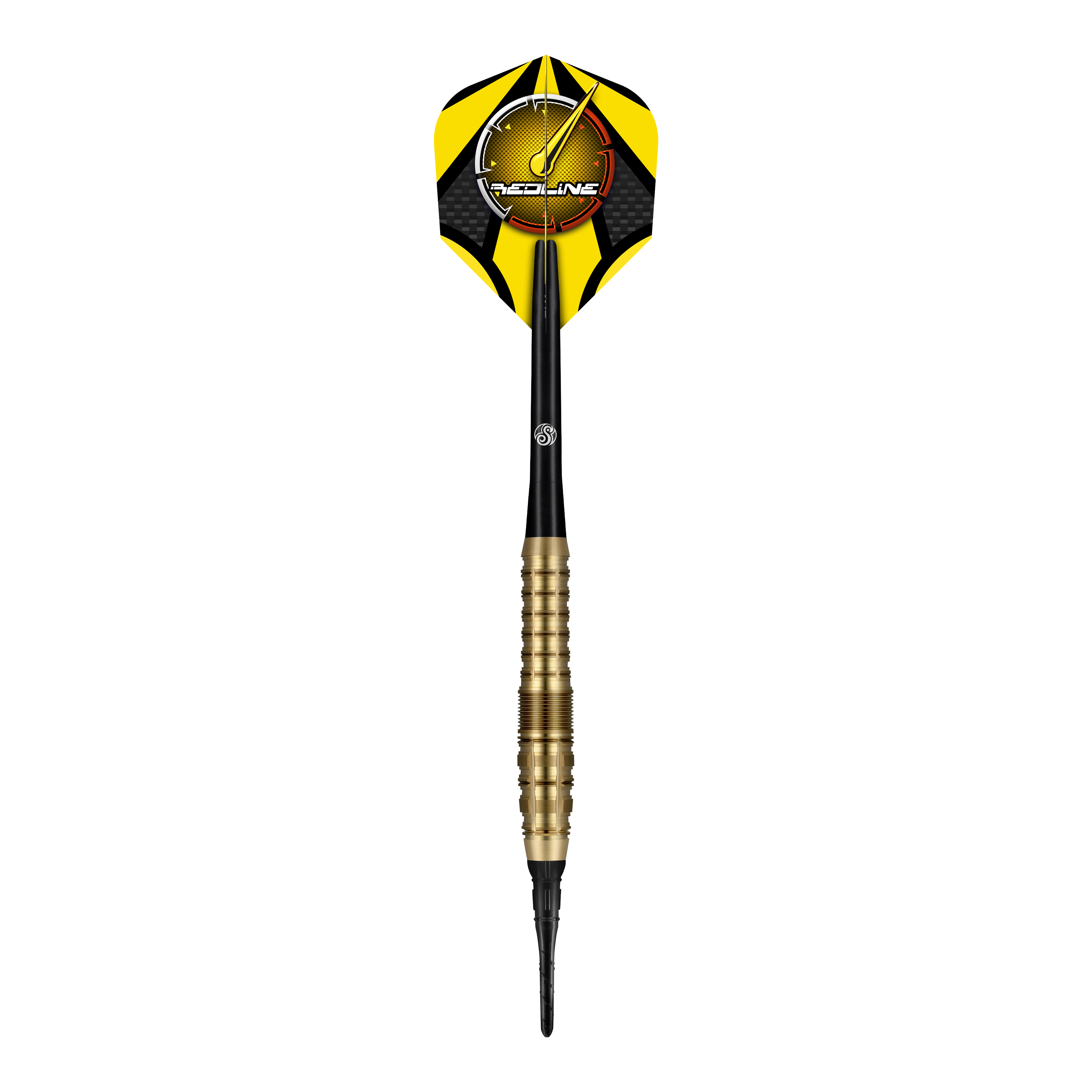 Shot Redline Gizmo Soft Darts - 20g Der "Shot Redline Gizmo Softdart - 20g" ist ein Softdartpfeil mit gelben und schwarzen Flights. Der Dart hat einen goldfarbenen Griff und eine schwarze Spitze.