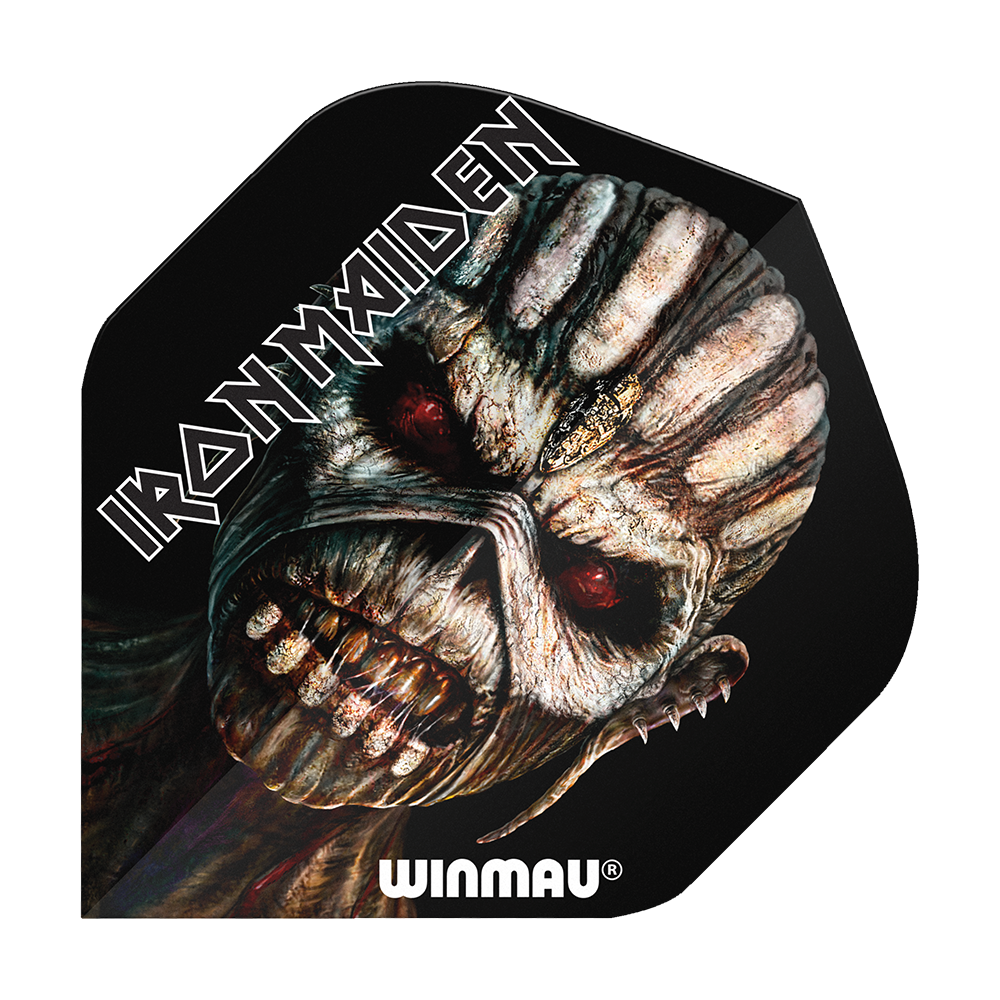 Das Bild zeigt ein Dartflight mit dem Motiv des Iron Maiden Albums "The Book of Souls". Oben steht "IRON MAIDEN" und unten ist das Winmau-Logo abgebildet.