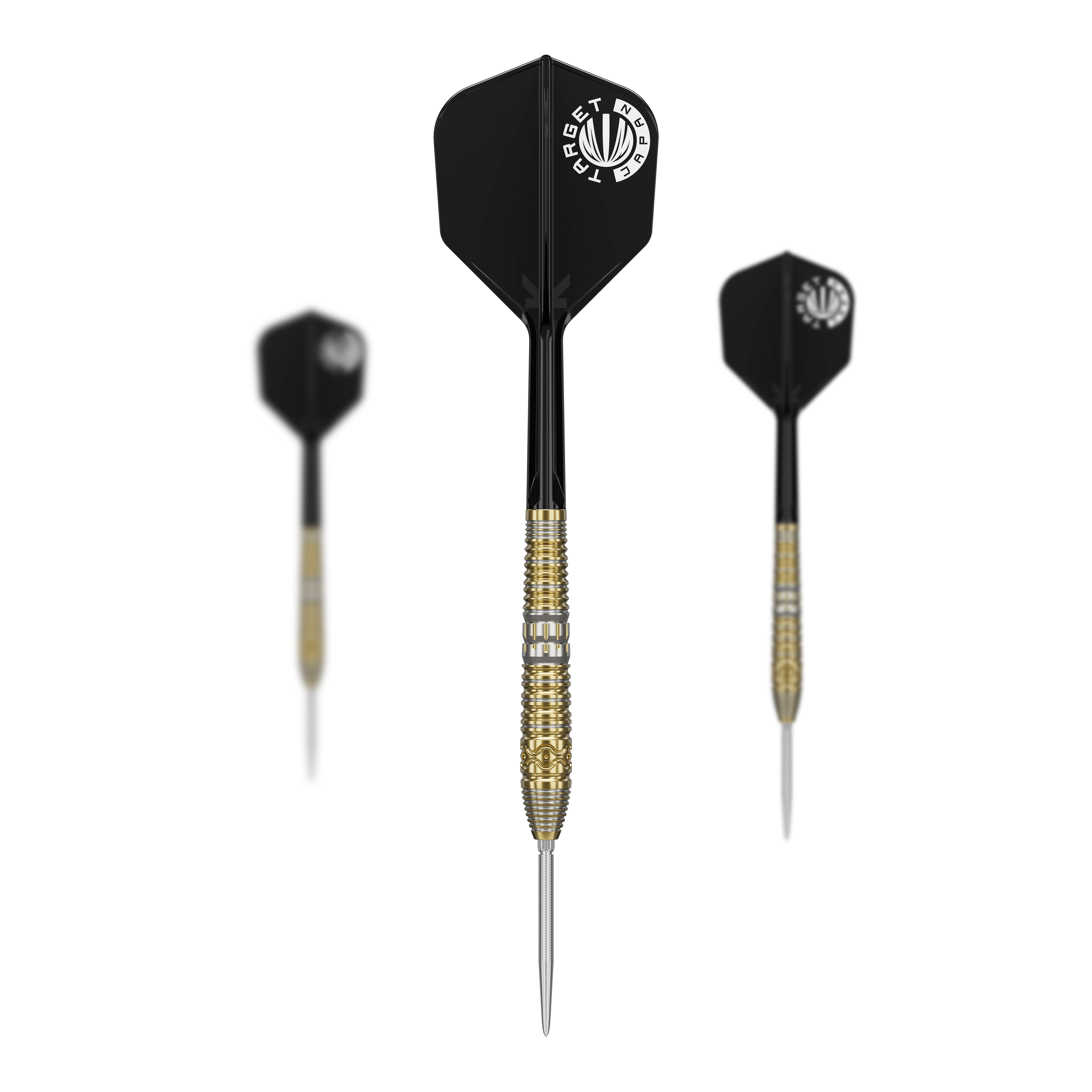 Target Japan Hot Shot GEN2 steel darts - 23g Das Bild zeigt drei Target Japan Hot Shot GEN2 Steeldarts mit einem Gewicht von 23g. Die Darts haben schwarze Flights und gold-silberne Griffbereiche.