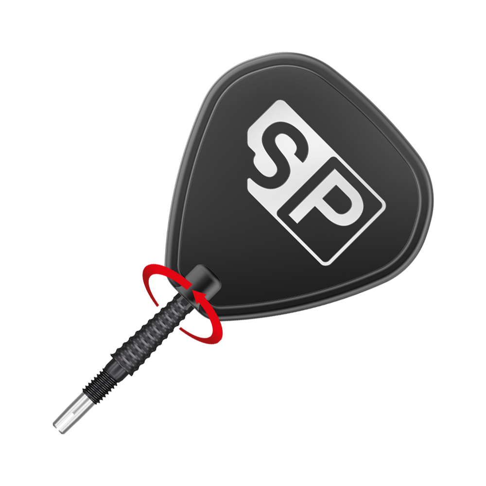 Das Bild zeigt eine schwarze Dartspitze mit dem weißen „SP“-Logo darauf. Die Spitze ist schräg platziert und durch einen roten Pfeil hervorgehoben.