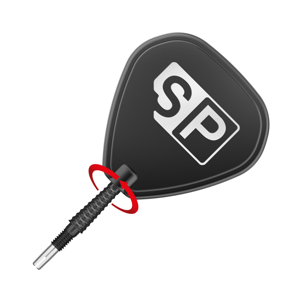 Target Swiss Storm LNC dart tips - Black Das Bild zeigt eine schwarze Dartspitze mit dem weißen „SP“-Logo darauf. Die Spitze ist schräg platziert und durch einen roten Pfeil hervorgehoben.