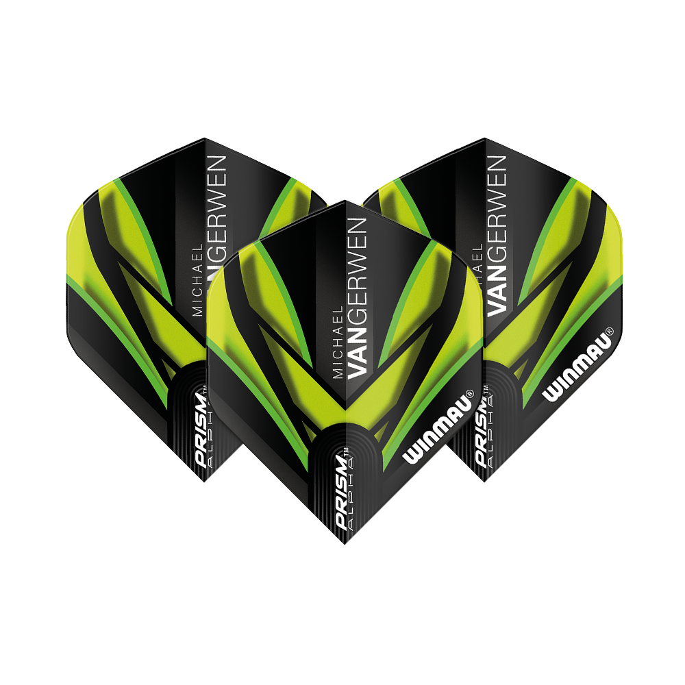 Das Bild zeigt drei Dartflights des Modells "Winmau Prism Alpha MvG Black Green V2 Standard". Die Flights sind überwiegend schwarz mit grünen und gelben Akzenten sowie der Aufschrift "Michael van Gerwen" und "Winmau".