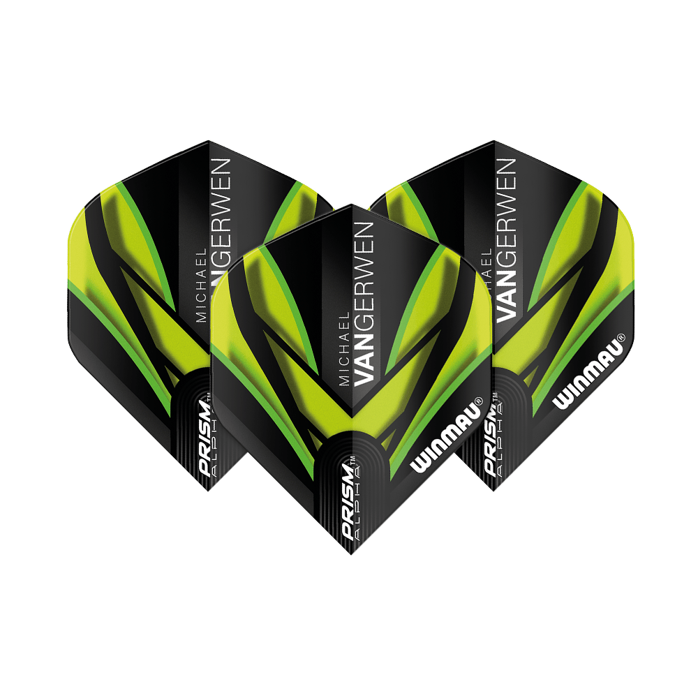 6915-145_Winmau_Prism_Alpha_MvG_Black_Green_V2_Standard_Flights_1L0YLPsbolBsWU Das Bild zeigt drei Dartflights des Modells "Winmau Prism Alpha MvG Black Green V2 Standard". Die Flights sind überwiegend schwarz mit grünen und gelben Akzenten sowie der Aufschrift "Michael van Gerwen" und "Winmau".