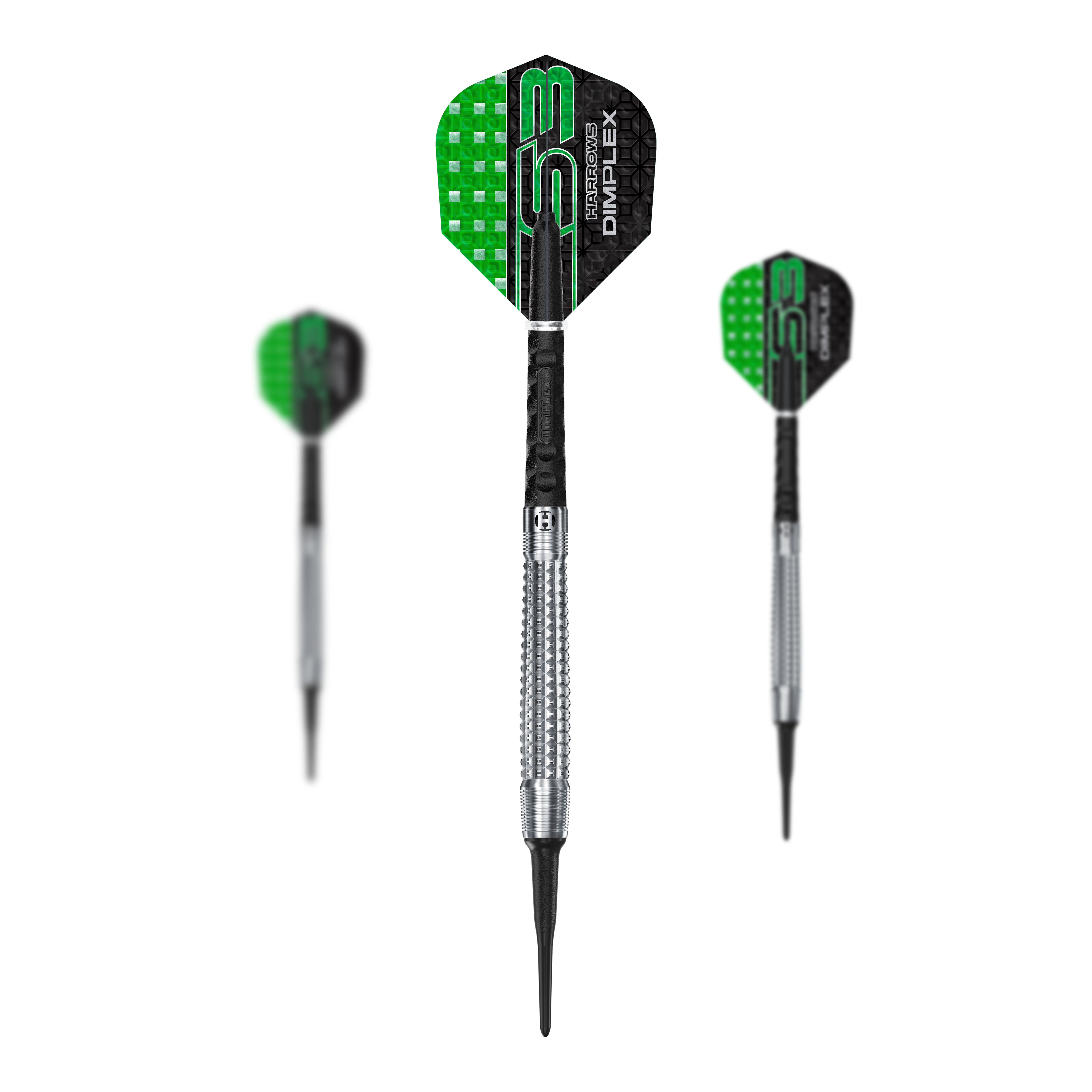 Harrows Dimplex S3 Tapered Soft Darts Das Set Harrows Dimplex S3 Tapered Softdarts wird gezeigt. Die Darts haben ein spezielles Griffdesign.