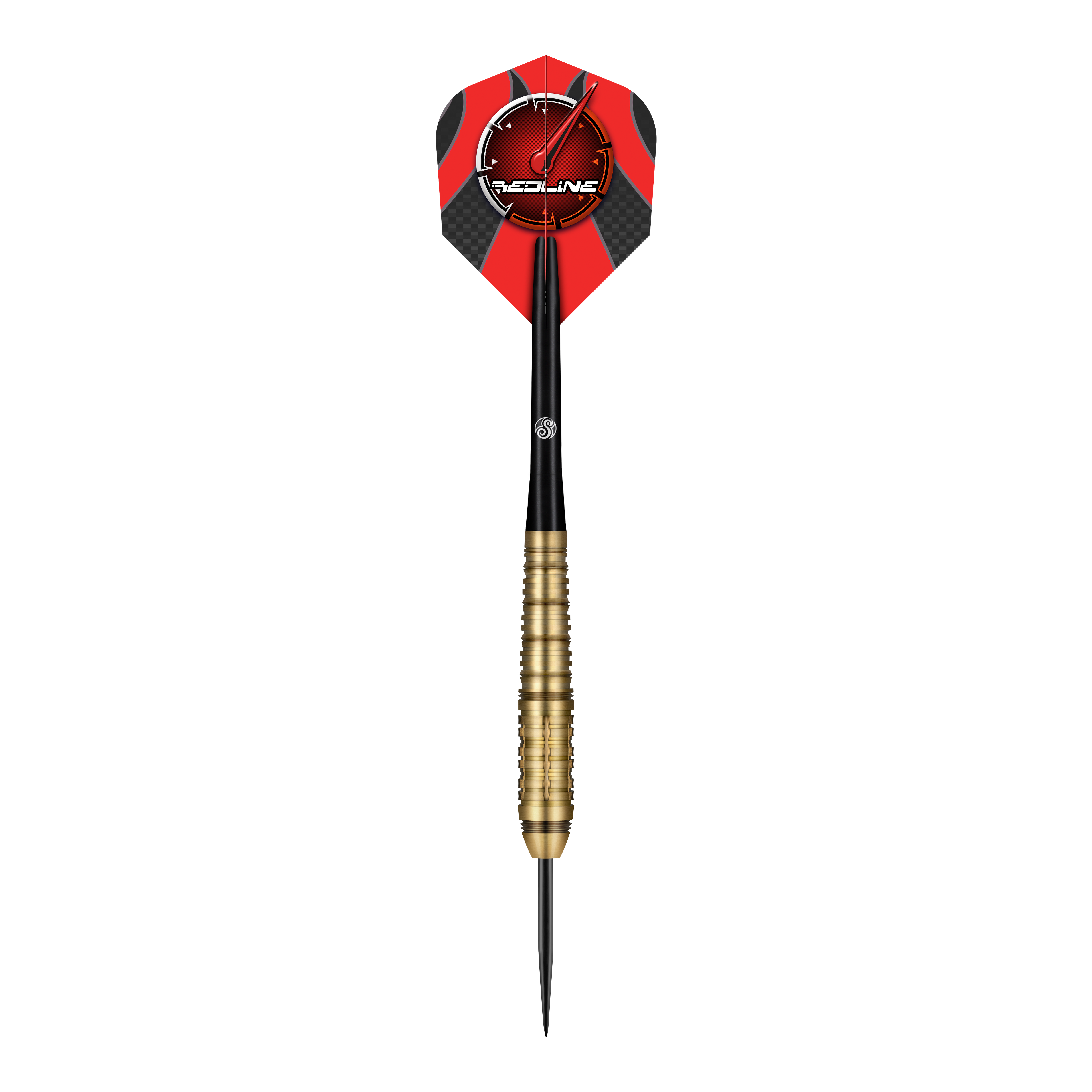 Shot Redline Mach 1 steel darts Das Bild zeigt einen Steeldartpfeil mit goldfarbenem Griff und schwarzer Spitze. Die Dartflügel sind rot-schwarz gestaltet und tragen das "Redline"-Logo.