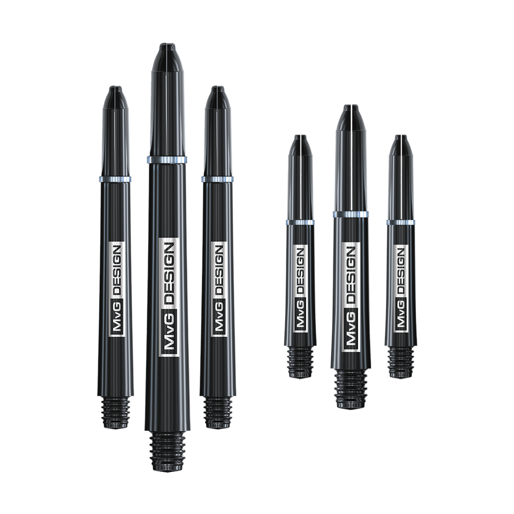 8125_Winmau_MvG_Signature_Shaft_Collection_3 Das Bild zeigt die Winmau MvG Signature Shaft Collection, bestehend aus sechs schwarzen Dartshafts. Auf jedem Shaft steht deutlich "MvG DESIGN" geschrieben.