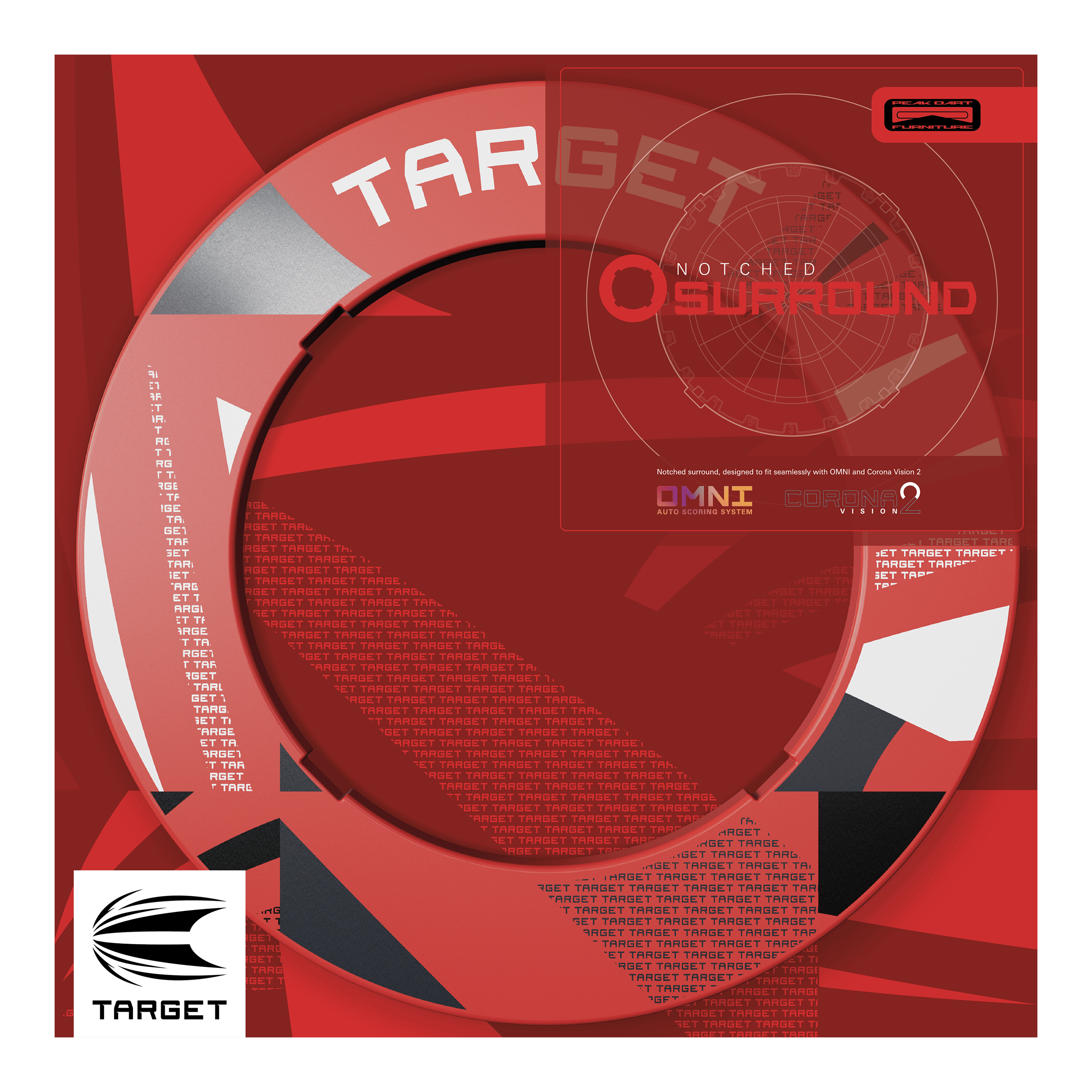 Target Notched Patterned Dartboard Surround Sechs rote Dartboard-Umrandungen mit Muster sind abgebildet. Die Ansicht ist leicht schräg.