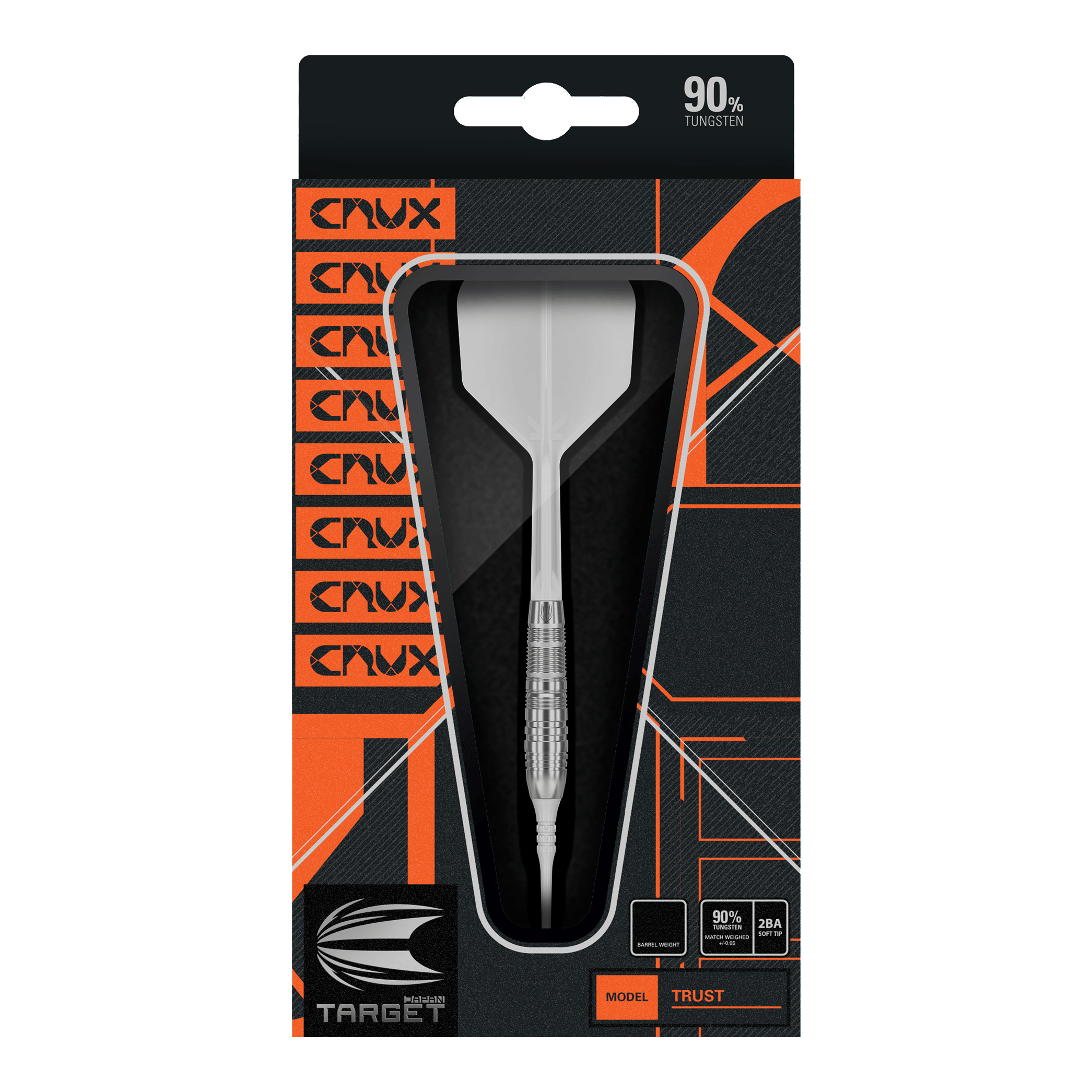 Target Japan Crux Trust Soft Darts - 17g Die Abbildung zeigt die Verpackung der "Target Japan Crux Trust Softdarts - 17g". Der Dart ist sichtbar durch ein Sichtfenster in der Packung und enthält Angaben wie 90 % Tungsten.