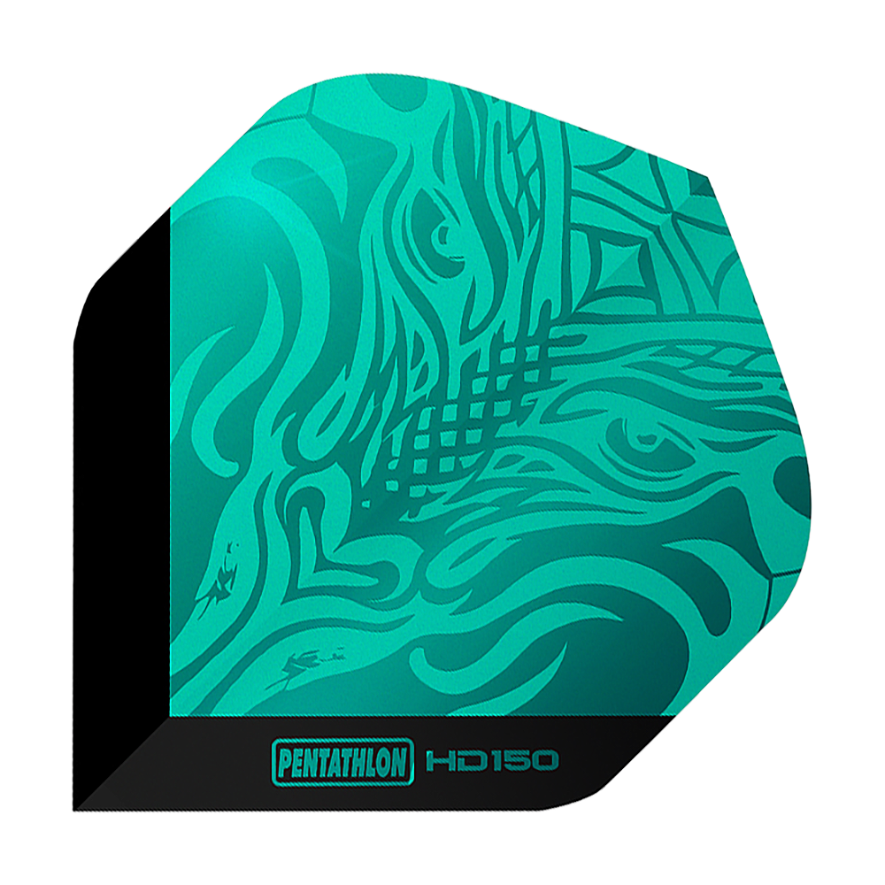 Pentathlon HD150 Metallic Aqua Standard Flights Dies ist ein Pentathlon HD150 Metallic Aqua Standard Flight. Das Flight hat ein auffälliges, türkisfarbenes Muster mit schwarzem Rand und Schriftzug.