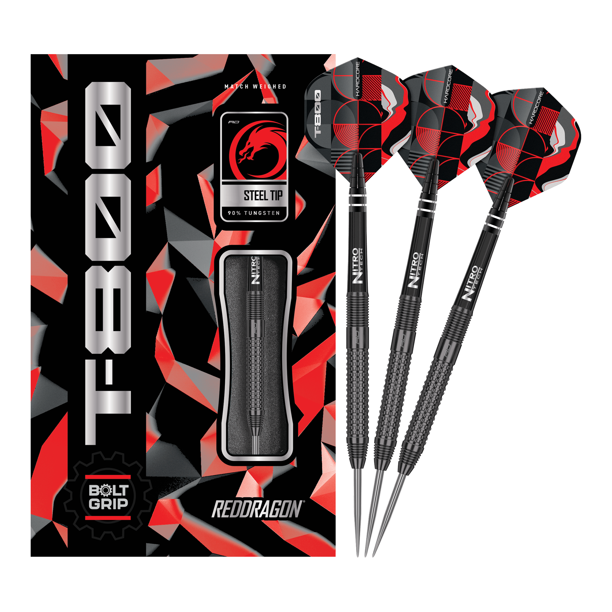 Red Dragon T-800 Steeldarts Das Bild zeigt die Red Dragon T-800 Steeldarts und ihre Verpackung. Die Darts haben ein schwarzes Design mit roten und silbernen Akzenten.