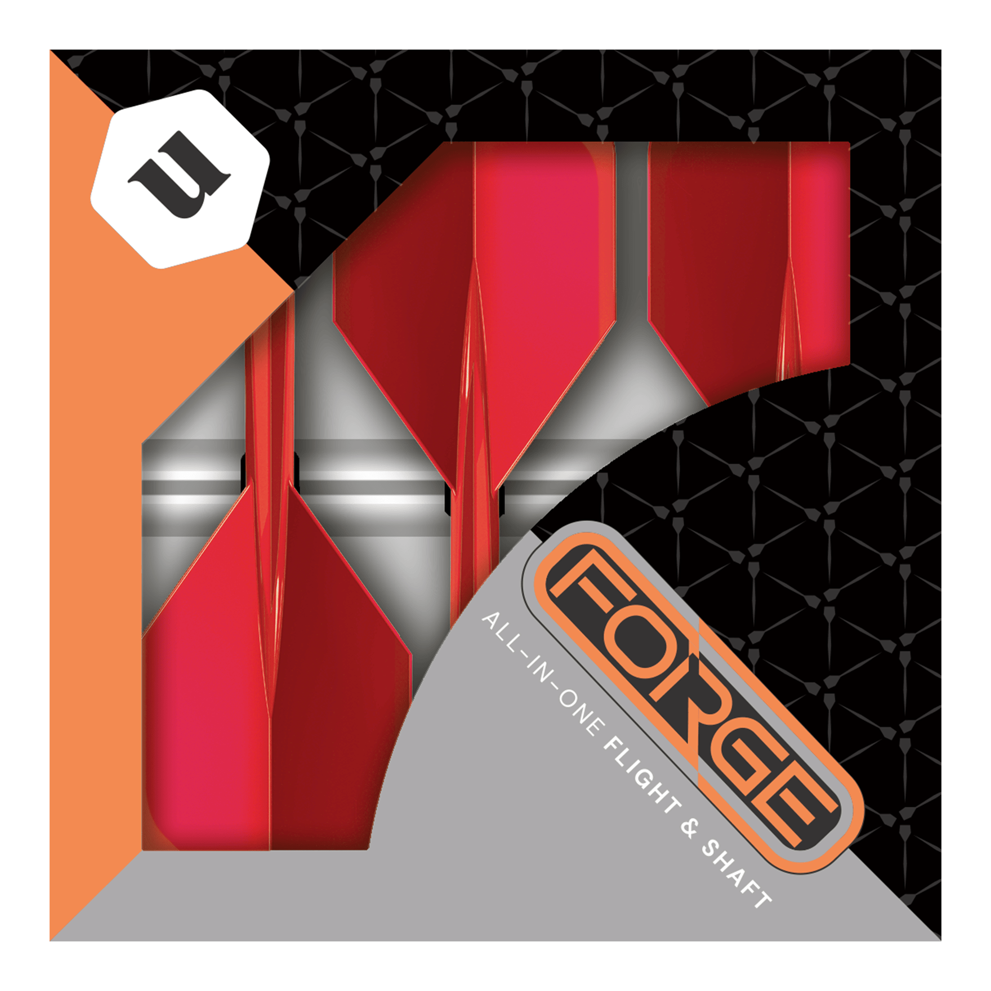 Unicorn Forge All In One Plus No2 Standard Flights Red - Medium Das Bild zeigt eine Packung mit roten Unicorn Forge All In One Plus No2 Standard Flights in mittlerer Größe. Die Verpackung ist schwarz und orange mit dem Schriftzug "FORGE" und "ALL-IN-ONE FLIGHT & SHAFT".