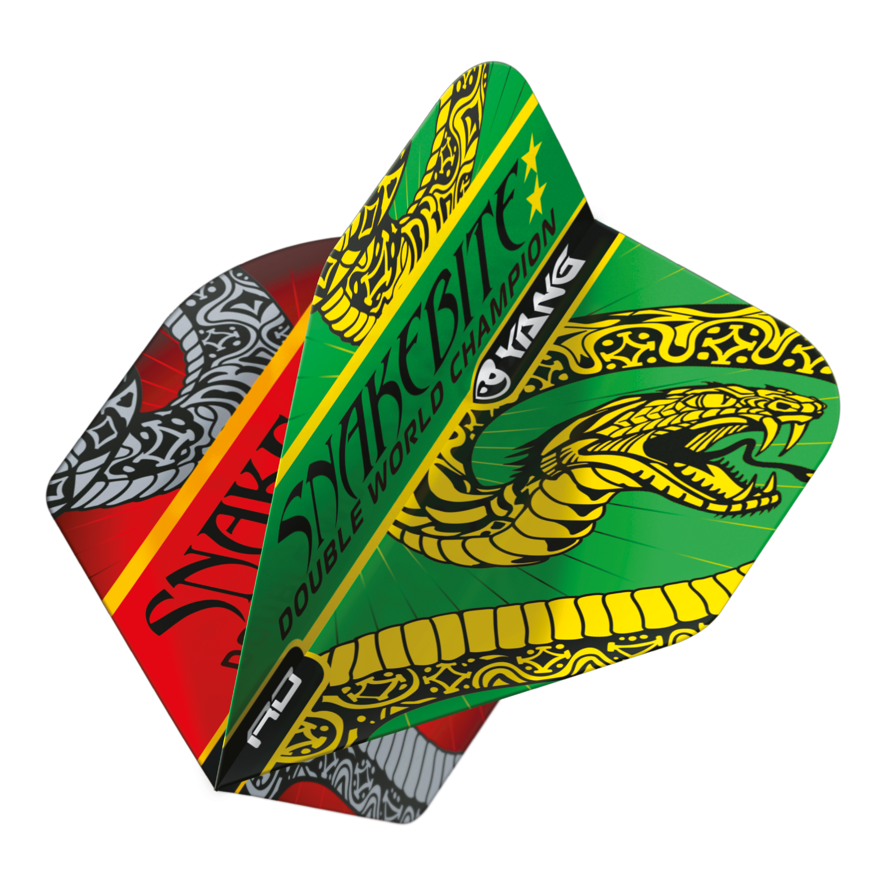 Red Dragon Peter Wright Snakebite Red Green Yin Yang Standard Flights Das Bild zeigt die Dart-Flights "Red Dragon Peter Wright Snakebite Red Green Yin Yang Standard Flights." Die Flights sind farbenfroh gestaltet und zeigen einen auffälligen Schlangen-Grafik sowie den Schriftzug "Snakebite."