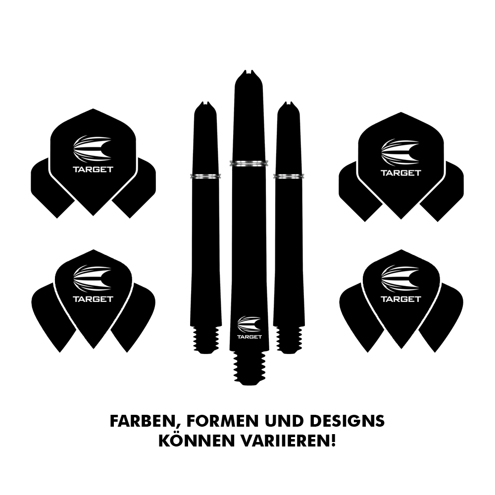 9999_Target_Surprise_Pack_1 Das Bild zeigt das Produkt "Target Surprise Pack" mit Dartflights und Dartschäften. Unten steht, dass Farben, Formen und Designs variieren können.