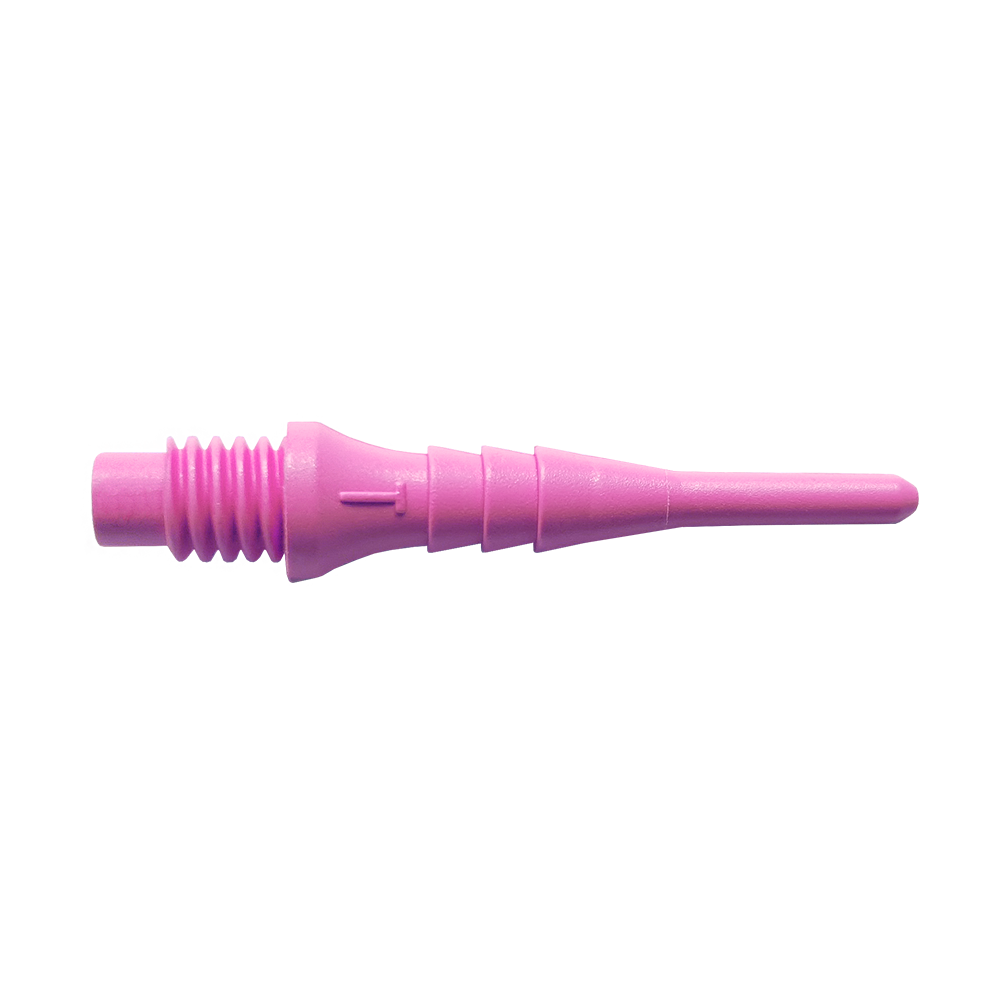 Bulls_Tefo-X_Softdartspitzen_Rosa_1 Das Bild zeigt eine einzelne pinke Kunststoff-Dartspitze aus dem Set "Bulls Tefo-X Shark Points (100er Pack)". Die Spitze hat ein Schraubgewinde auf der einen Seite und läuft spitz zu.