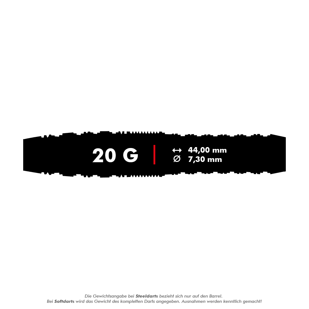 Shot Redline Gizmo Soft Darts - 20g Das Bild zeigt die Produktinformationen für die Shot Redline Gizmo Softdarts mit einem Gewicht von 20 Gramm. Die Darts sind 44,00 mm lang und haben einen Durchmesser von 7,30 mm.