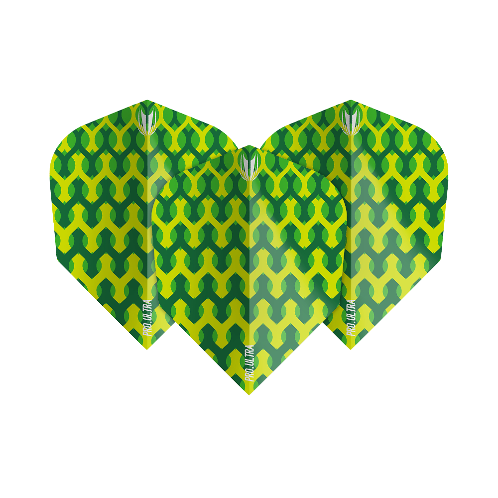 TG69_335230_Target_ProUltra_Fabric_Green_Ten-X_Flights_1M9Y7Qf9D4ugRz Das Bild zeigt die Target ProUltra Fabric Green Ten-X Flights mit einem leuchtend grünen, geometrischen Muster. Die Flights haben ein auffälliges Design mit gelben und grünen Farbtönen.