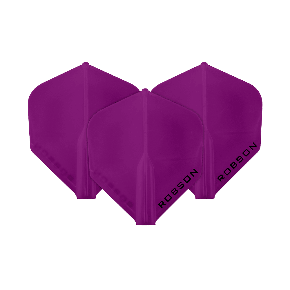 Robson Plus Flights - Standard Das Bild zeigt drei violette Dartflights der Marke Robson. Auf jedem Flight steht das Wort "ROBSON" in schwarzer Schrift.