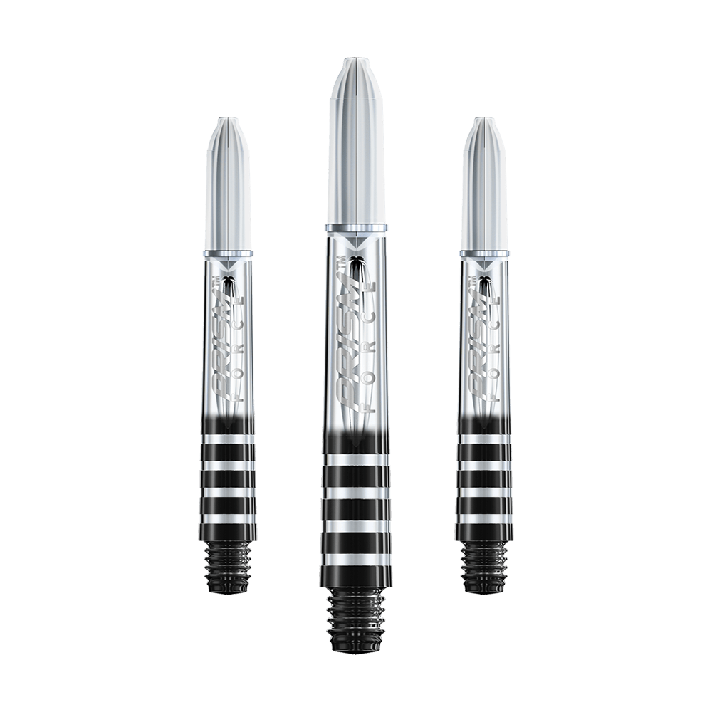 7020-106_Winmau_Prism_Force_Shafts_Clear_35mm_12WE9IBvpWpaul Auf dem Bild sind drei transparente Dartschäfte mit schwarzen Ringen zu sehen. Sie sind unterschiedlich lang und haben den Aufdruck "Prism Force".