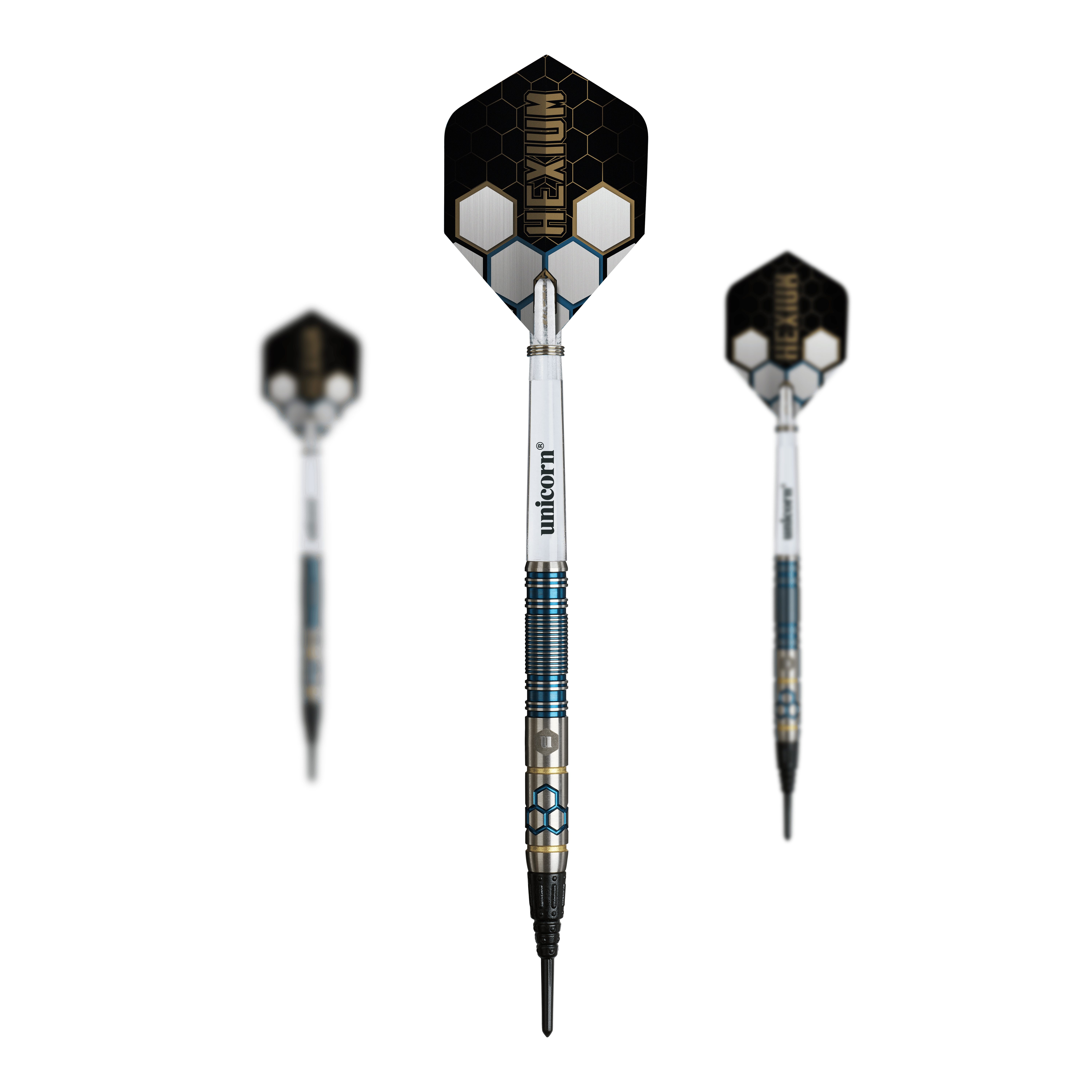 Das Bild zeigt die Unicorn Hexium Style 02 Blue & Gold Softdarts - 21g als Set. Die Softdarts wirken hochwertig und zweifarbig.
