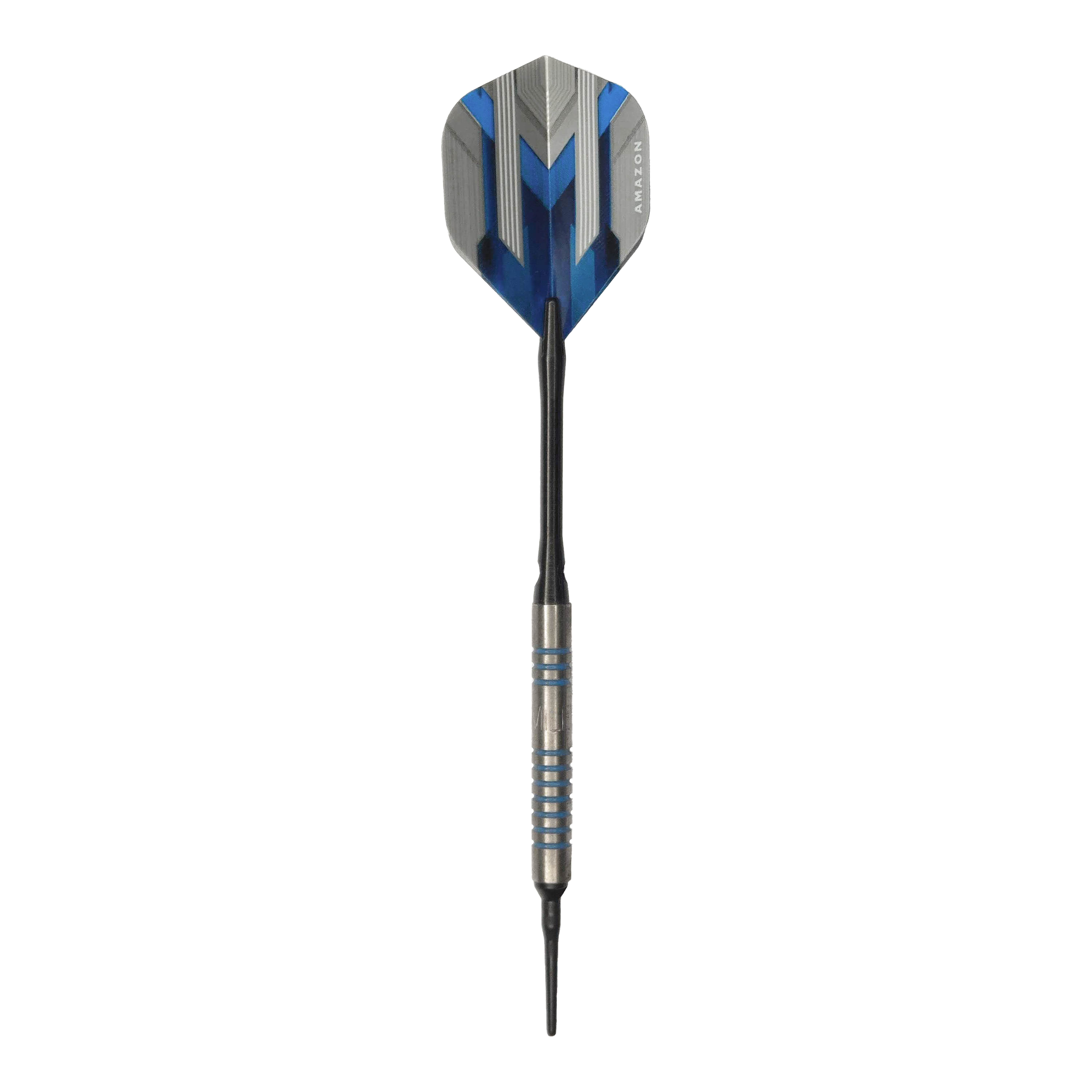 McDart 85 Tungsten V1 soft darts - 17g Dies ist ein McDart 85er Tungsten V1 Softdart mit einem Gewicht von 17g. Der Dart hat blaue und silberne Akzente und eine schwarze Spitze.