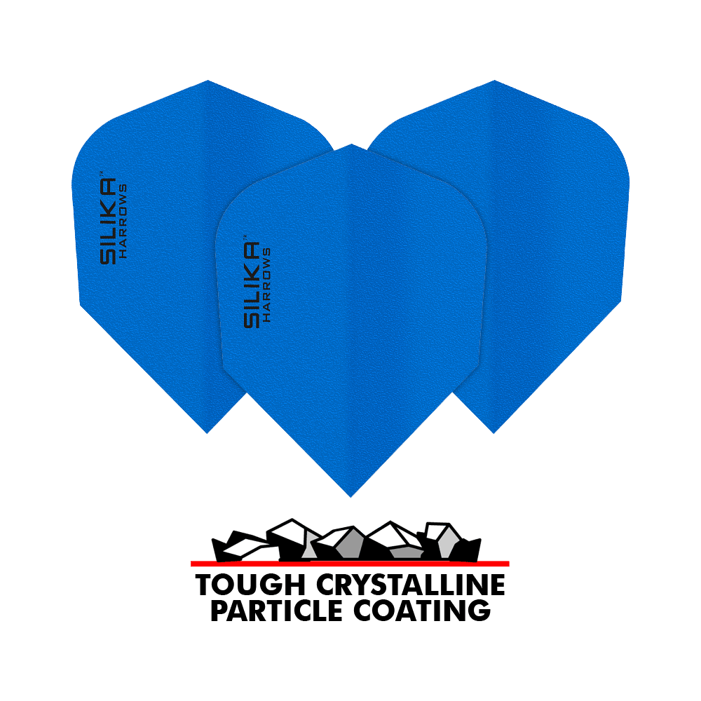 Harrows Silica Solid Tough Crystalline Coating Blue No6 Flights Das Bild zeigt blaue Dart-Flights der Marke Harrows Silika mit einer soliden, kristallinen Beschichtung. Unten im Bild steht "Tough Crystalline Particle Coating" mit einer grafischen Darstellung von Kristallen.