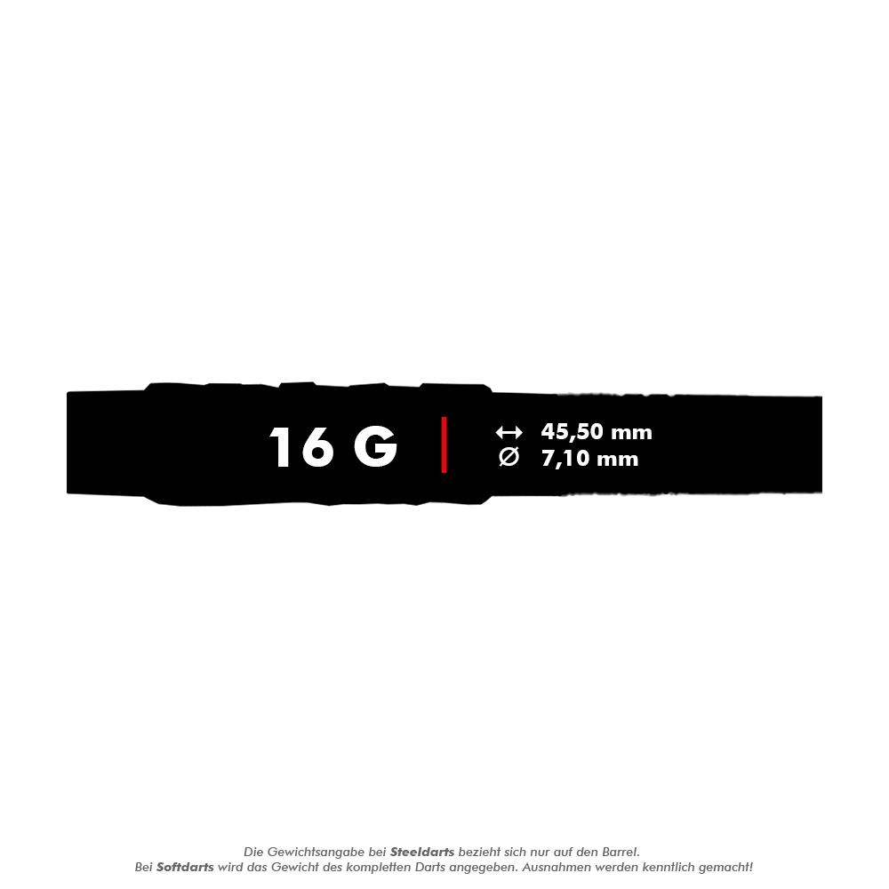 McDart 85 Tungsten V4 soft darts - 16g Das Bild zeigt die Produktinformationen der McDart 85er Tungsten V4 Softdarts mit einem Gewicht von 16 Gramm. Die Darts sind 45,50 mm lang und haben einen Durchmesser von 7,10 mm.