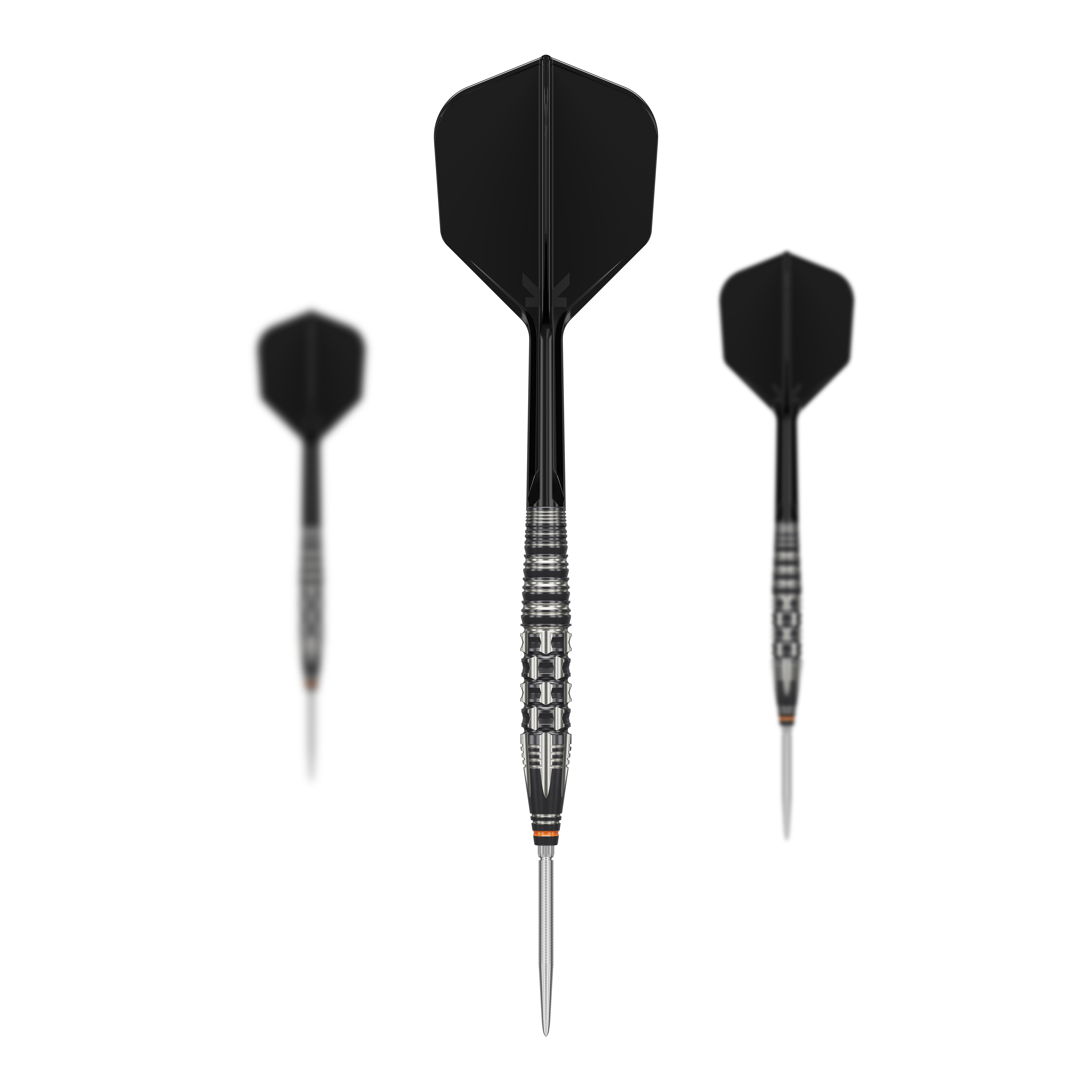 Target Japan Black Marque Dancing Duck GEN 4 steel darts Das Bild zeigt drei schwarze Steeldarts des Modells "Target Japan Black Marque Dancing Duck GEN 4". Die Darts haben silberne Spitzen und geriffelte Griffbereiche für bessere Kontrolle.