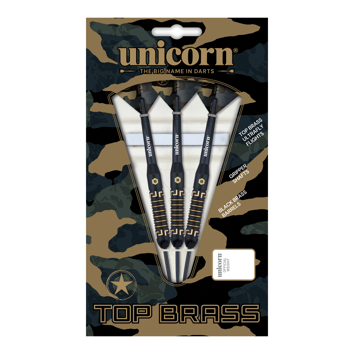 Unicorn Top Brass V1 Steeldarts - 20g Das Bild zeigt die "Unicorn Top Brass V1 Steeldarts - 20g" in einer Verpackung mit Tarnmuster. Die Packung enthält drei schwarze Darts mit goldfarbenen Details.
