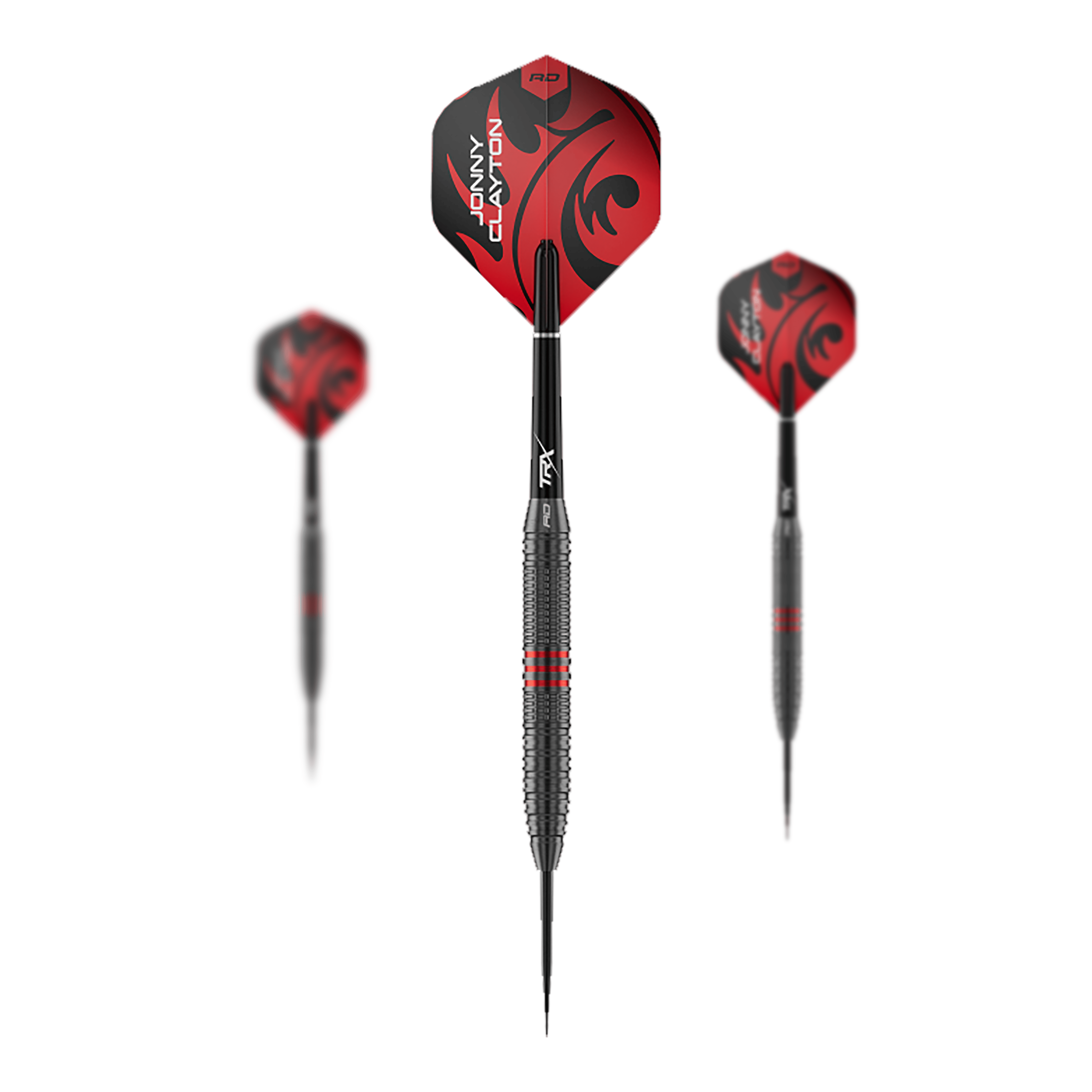 Red Dragon Jonny Clayton Core Brass Steeldarts - 21g Das Bild zeigt ein Set der Red Dragon Jonny Clayton Core Brass Steeldarts mit 21g Gewicht. Es sind drei Darts mit goldener Griffzone und roten Flights dargestellt.