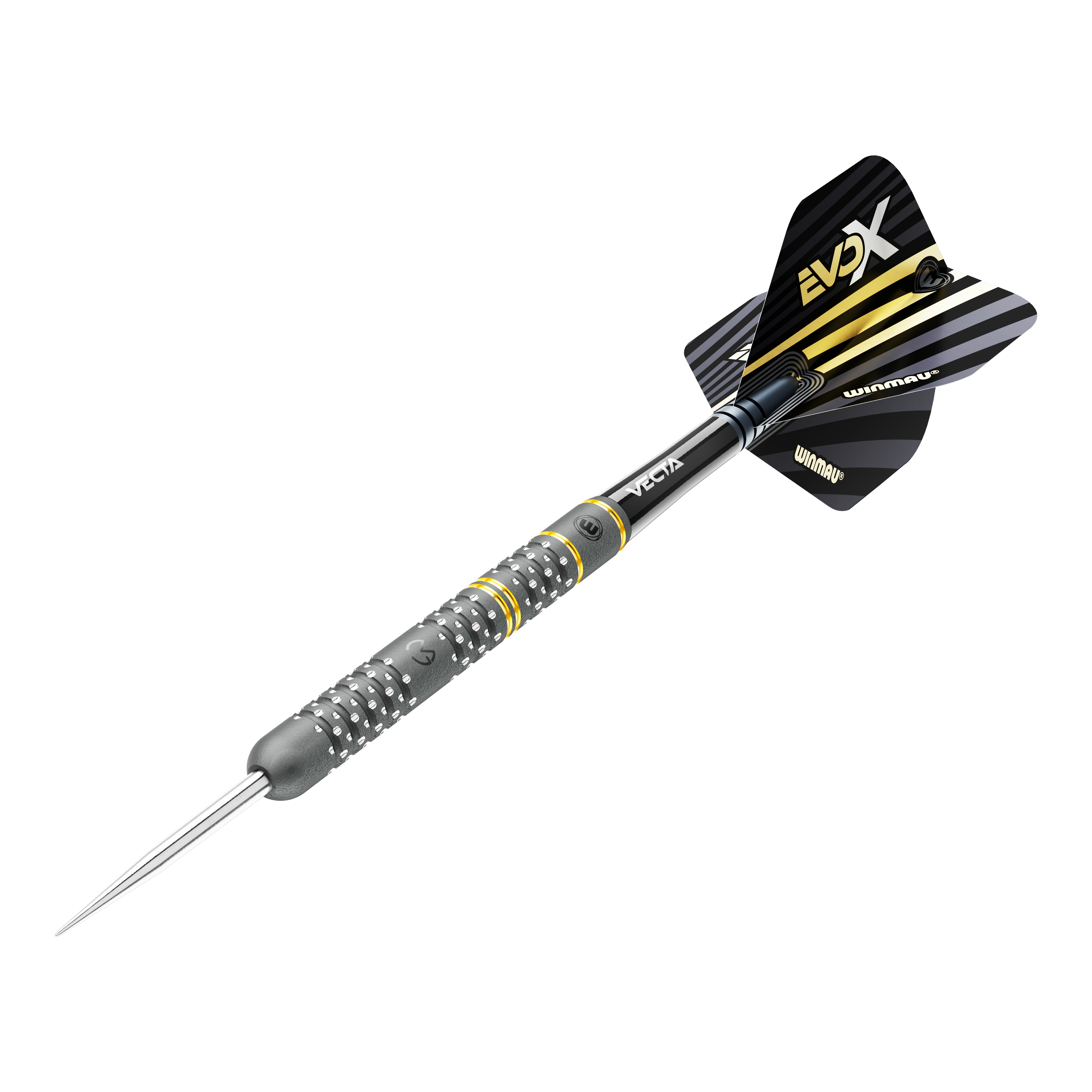 Winmau Michael Van Gerwen Evo-X steel darts Das Bild zeigt einen Winmau Michael Van Gerwen Evo-X Steeldart. Der Dart hat ein schwarzes und gelbes Design mit metallischer Spitze und strukturierter Griffzone.