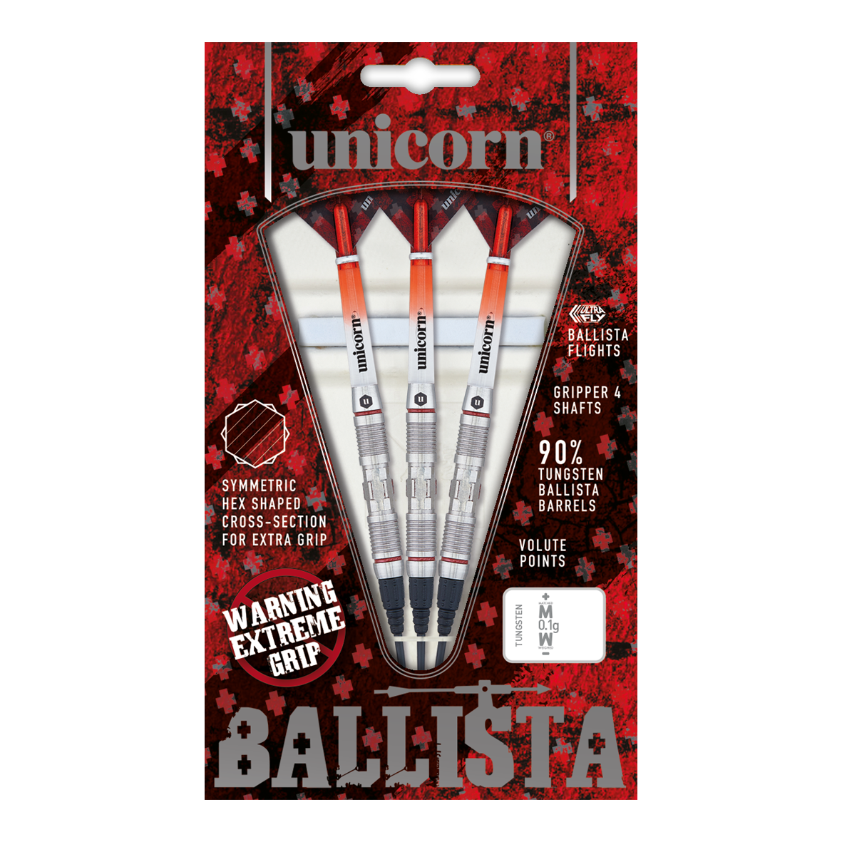 Unicorn Ballista Style 2 soft darts Das Bild zeigt eine Packung „Unicorn Ballista Style 2 Softdarts“. In der Packung befinden sich drei Softdarts mit silbernen und orangenen Details.