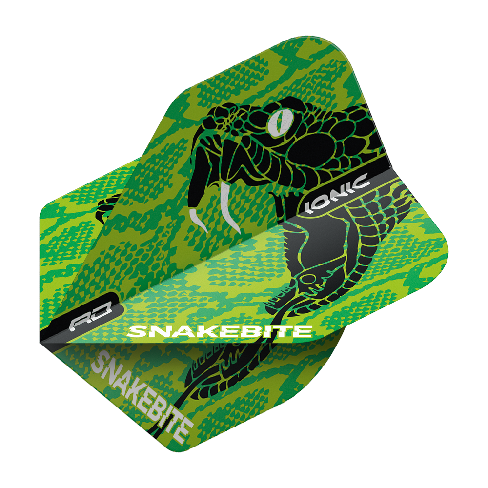 Das Bild zeigt ein Dart Flight mit einer auffälligen grünen Schlangen-Design und den Schriftzügen "SNAKEBITE" und "IONIC". Das Produkt ist der "Red Dragon Hardcore Ionic Snakebite Green Head Standard Flight".