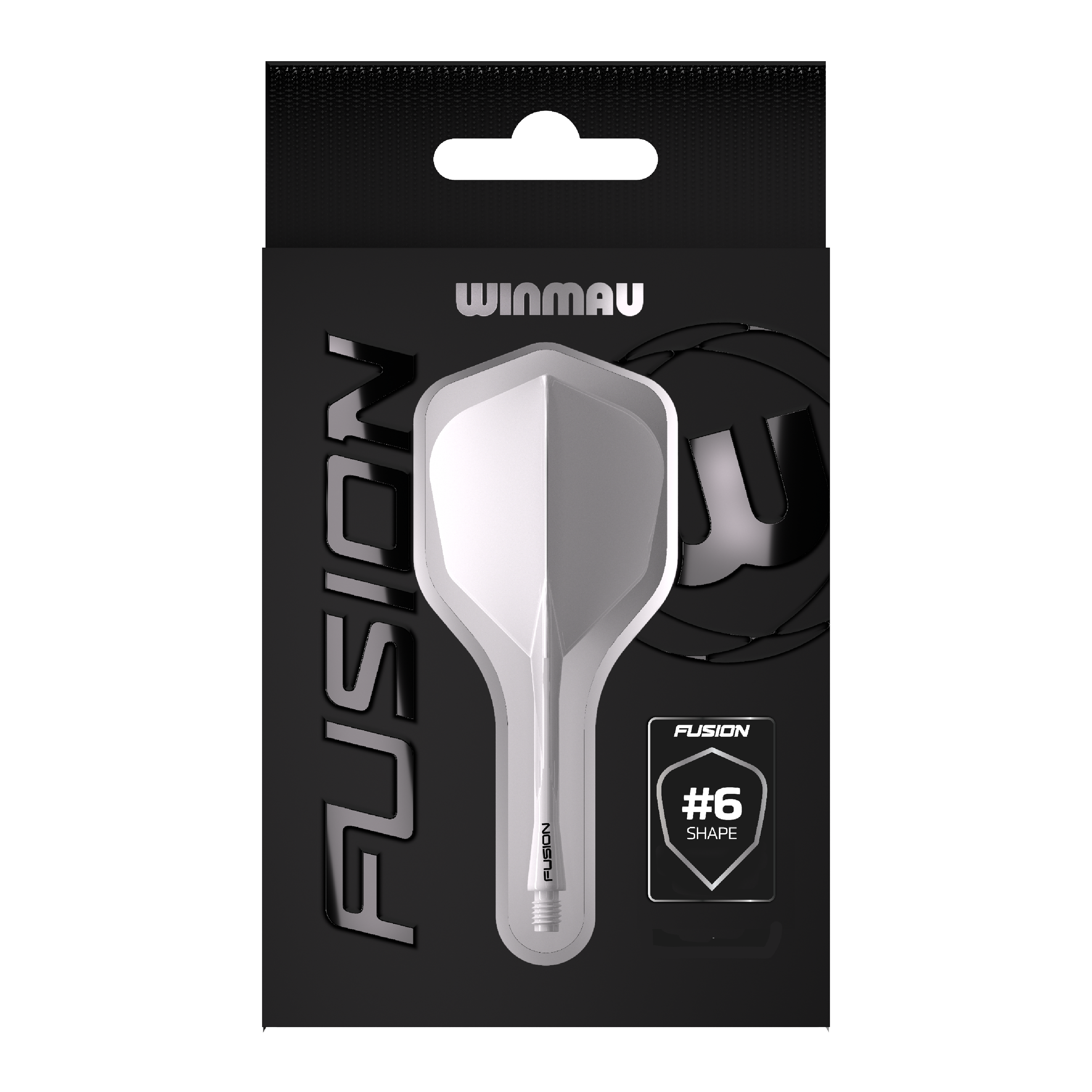 Winmau Fusion Flight Shaft System No6 Clear Das Bild zeigt die Verpackung des Produkts "Winmau Fusion Flight-Shaft-System No6 Clear". In der Mitte ist das transparente Flight-Shaft-System im #6-Shape deutlich zu sehen.