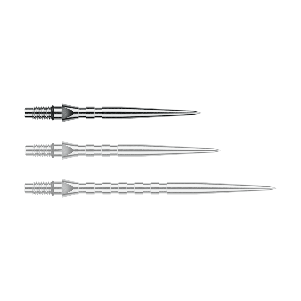 Winmau Switch Point Groove steel dart tips - Silver Effect Abgebildet ist eine einzelne silberne Steeldartspitze mit Rillen, vermutlich vom Typ 'Switch Point Groove Silver Effect' und 26mm. Diese Spitze eignet sich für Steeldarts.