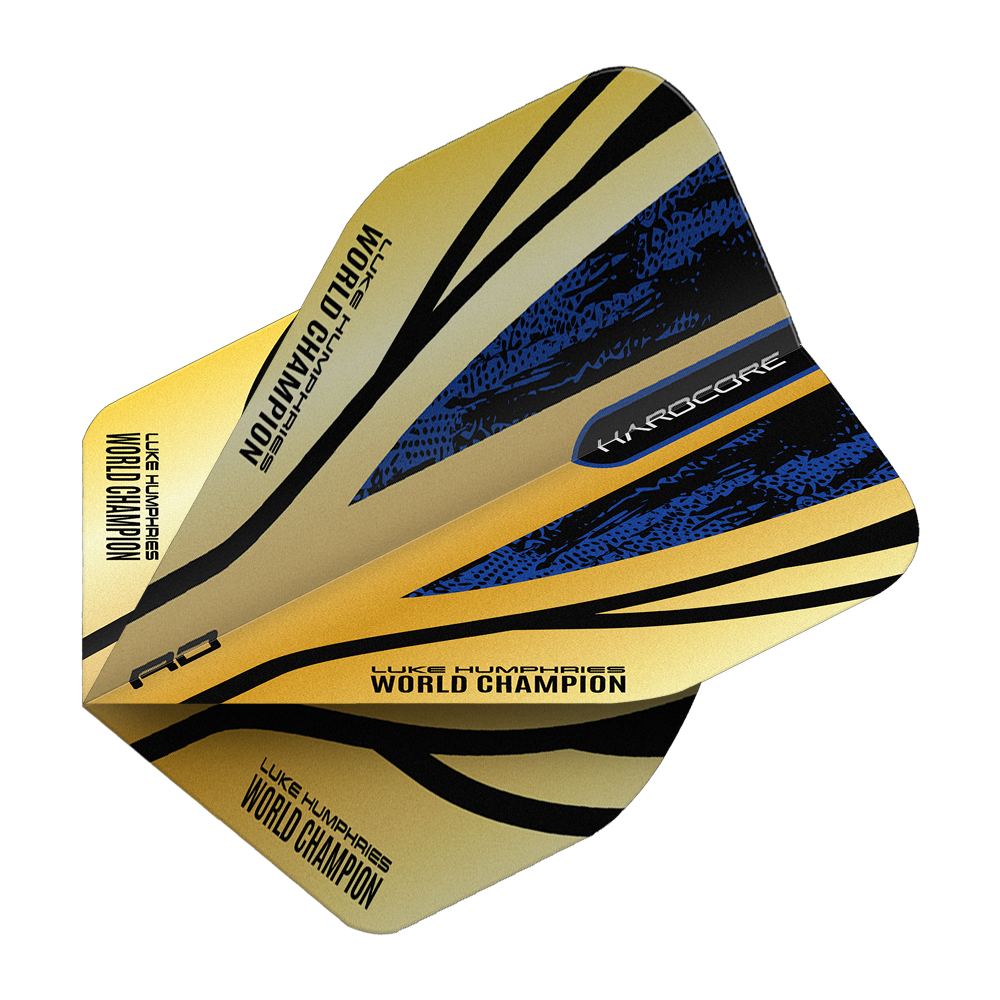 Red Dragon Hardcore Premium Luke Humphries Gold Standard Flights Das Bild zeigt das Produkt "Red Dragon Hardcore Premium Luke Humphries Gold Standard Flights". Die Dart-Flight ist goldfarben mit schwarzen und blauen Akzenten und trägt die Aufschrift "Luke Humphries World Champion".