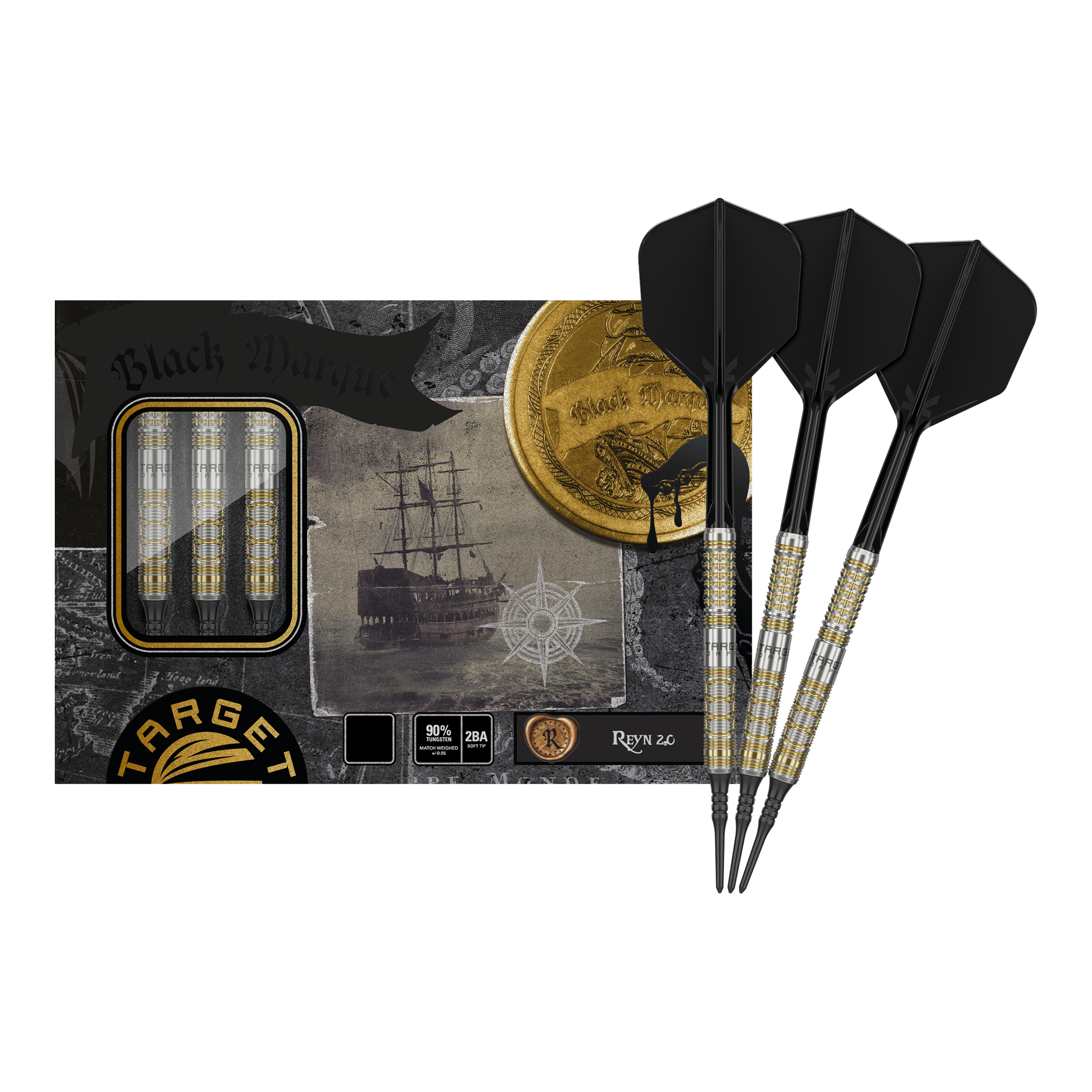 Target Japan Black Marque Reyn GEN2 Soft Darts - 17.5g Das Bild zeigt das Produkt "Target Japan Black Marque Reyn GEN2 Softdarts - 17,5g" mit drei eleganten, schwarz-goldenen Softdarts vor der Verpackung. Auf der Verpackung ist zudem ein Schiff sowie eine goldene Münze abgebildet.