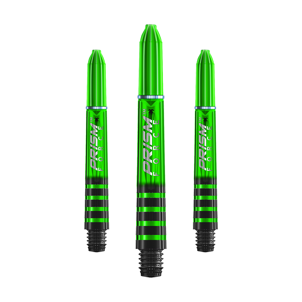 7020-105_Winmau_Prism_Force_Shafts_Gr-n_35mm_1 Auf dem Bild sind drei grüne Dartschäfte mit schwarzen Streifen zu sehen. Auf den Schäften steht der Schriftzug "PRISM FORCE".