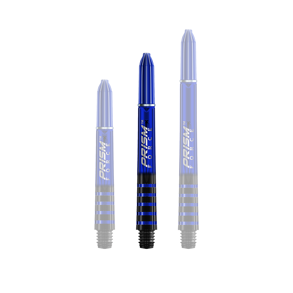 7020-403_Winmau_Prism_Force_Shafts_Blau_41mm_1HdxkOIzlYxdMW Das Bild zeigt drei blaue Winmau Prism Force Shafts in unterschiedlichen Längen. Die Shafts haben schwarze Ringe und die Aufschrift "Prism Force".