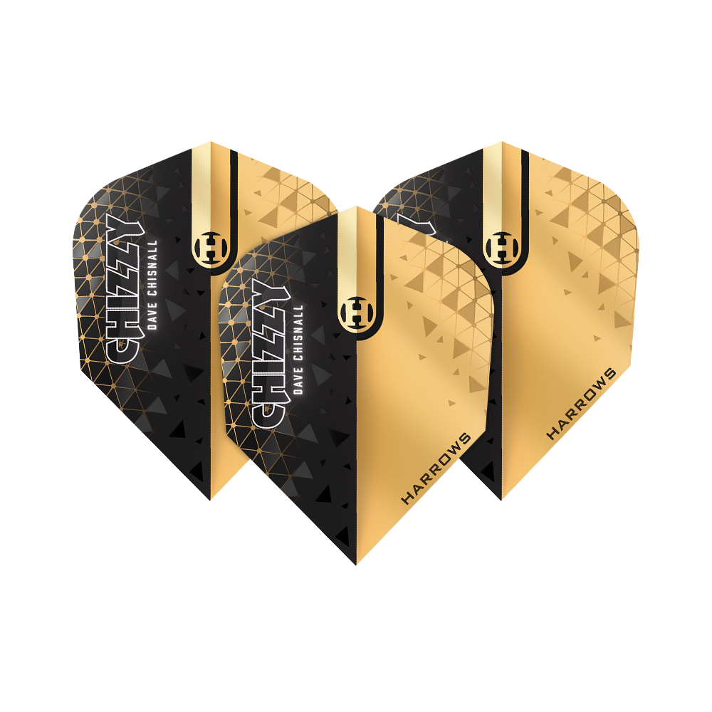 Das Bild zeigt die Harrows Prime Dave Chisnall Chizzy 2 No6 Flights. Die Flights sind in Schwarz und Gold gestaltet und tragen die Aufschrift "CHIZZY DAVE CHISNALL" sowie "HARROWS".