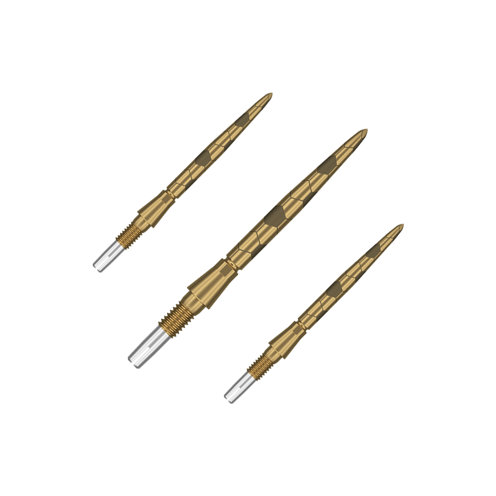 Target Swiss Storm Onyx Point Dart Tips - Gold Auf dem Bild sind drei goldfarbene Dartspitzen mit einem strukturierten Muster zu sehen. Sie haben ein silbernes Schraubgewinde am Ende zum Befestigen an Dartpfeilen.