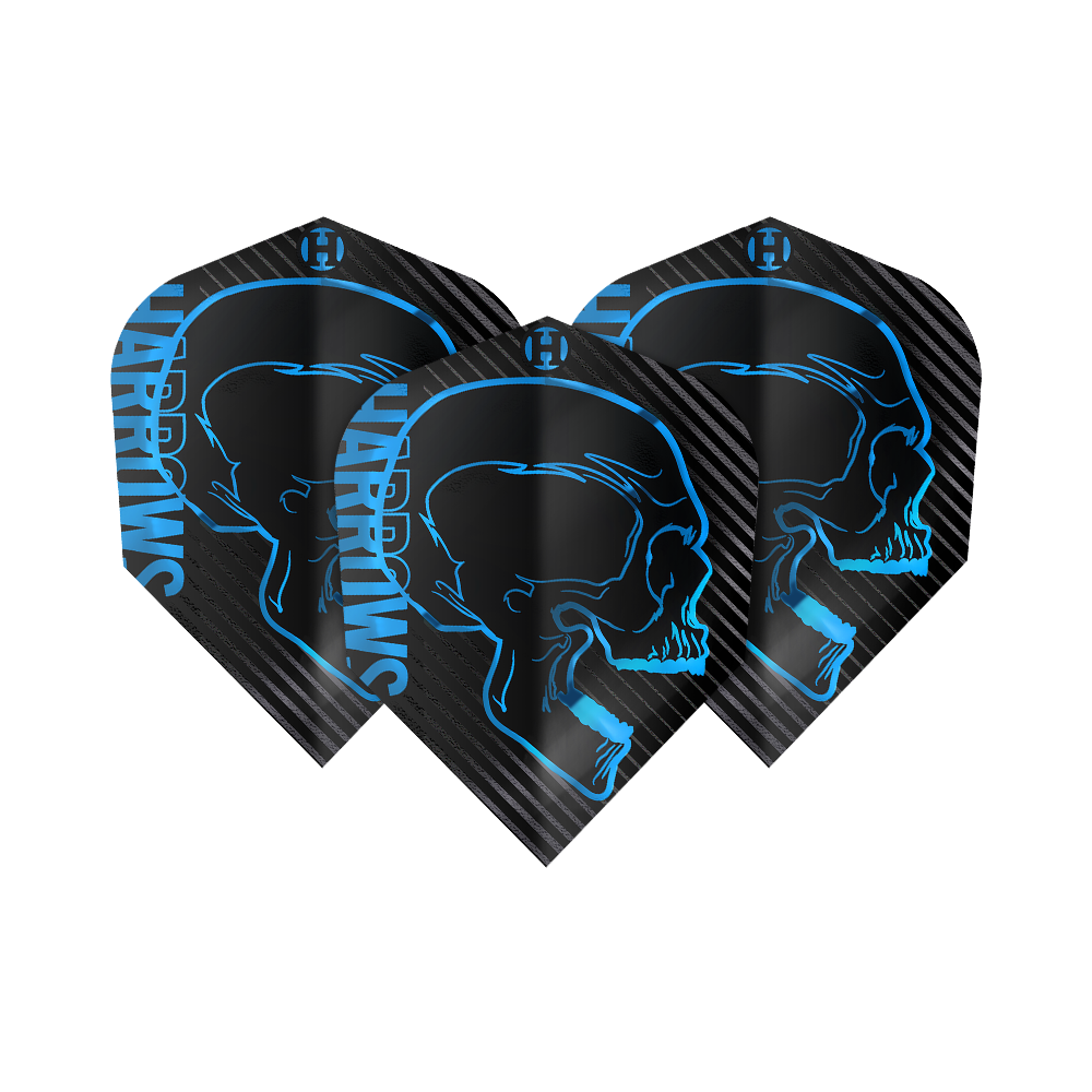 Harrows Rage Aqua No. 6 Flights Das Bild zeigt drei schwarze Dart-Flights mit einem blauen Totenkopf-Design und dem Schriftzug "Harrows". Die Flights gehören zum Produkt "Harrows Rage Aqua No6".