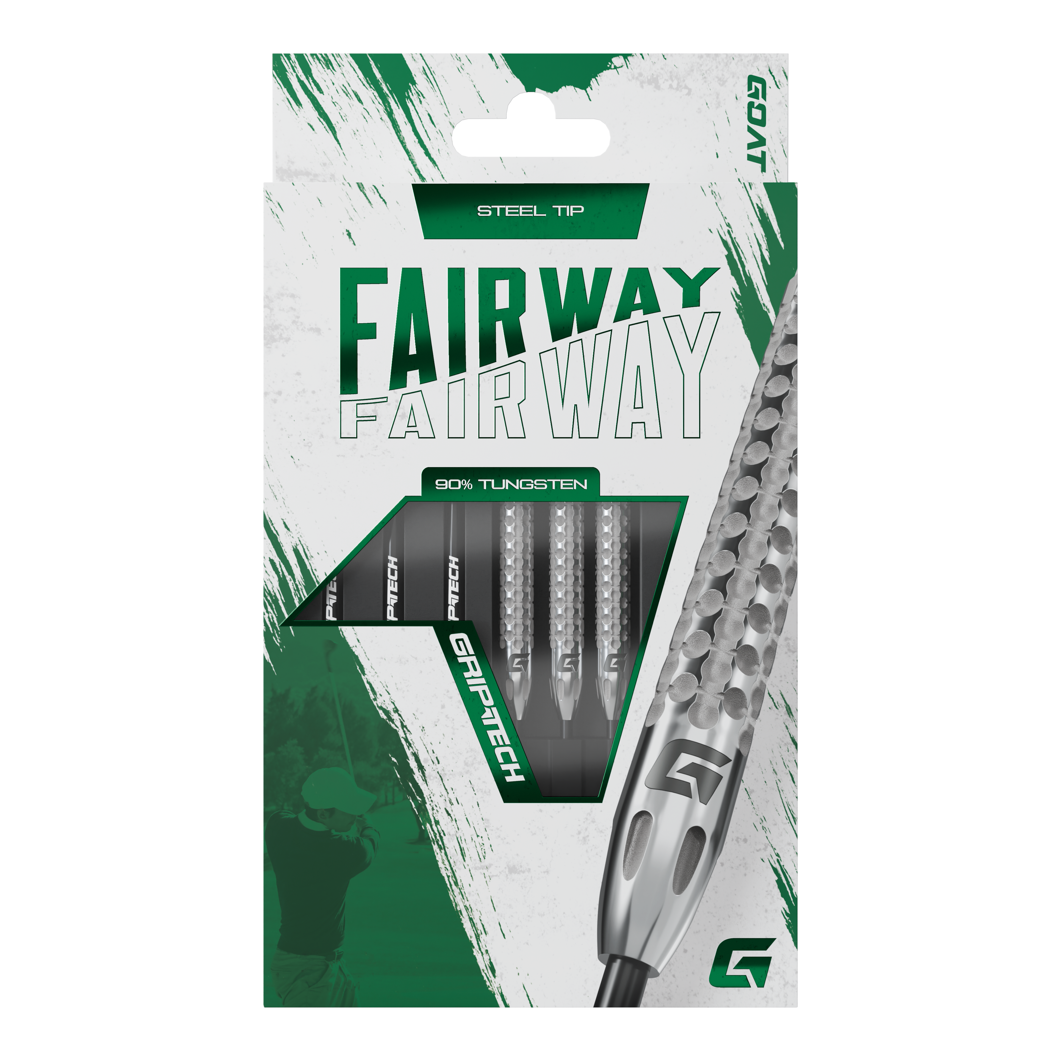 GOAT Fairway V2 Tungsten Steel Darts Die Abbildung zeigt die Verpackung der GOAT Fairway V2 Tungsten Steeldarts. Die Darts bestehen zu 90 % aus Tungsten und haben eine Stahspitze.