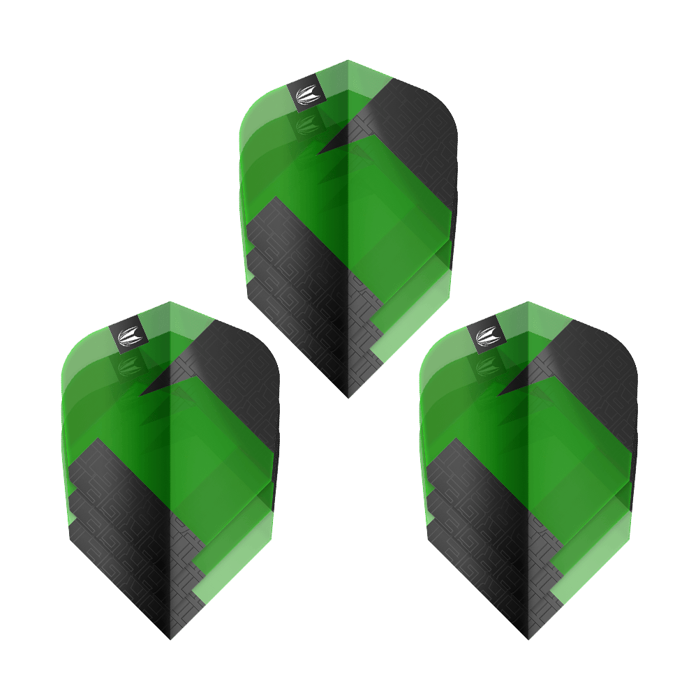 Target Pro Ultra TAG Green Ten-X Standard Flights - 3 Sets Das Bild zeigt drei grüne und schwarze Dart-Flights des Produkts "Target Pro Ultra TAG Grün Ten-X Standard". Die Flights haben ein auffälliges geometrisches Muster und das Target-Logo oben.