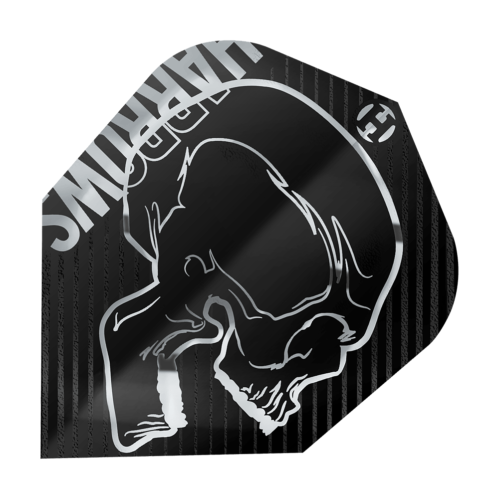 Harrows Rage Silver No6 Flights Das Bild zeigt das Produkt "Harrows Rage Silver No6 Flights". Auf dem Flight ist ein silberner Totenkopf auf schwarzem Hintergrund abgebildet.