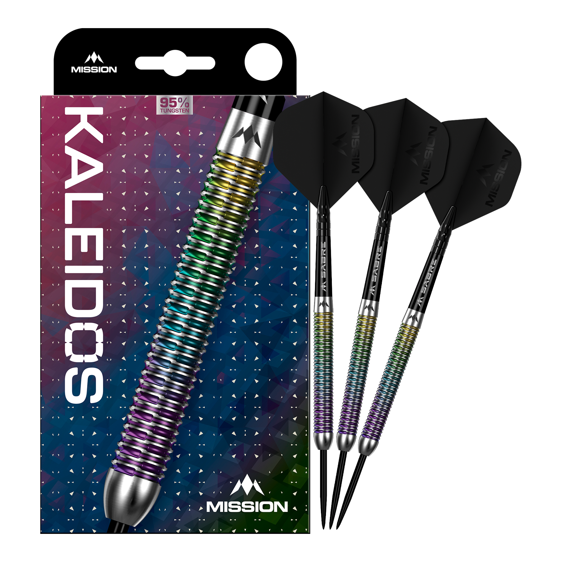 Das Produkt Mission Kaleidos Steeldarts ist vollständig dargestellt. Die Abbildung ermöglicht einen Überblick über das komplette Dart-Set.